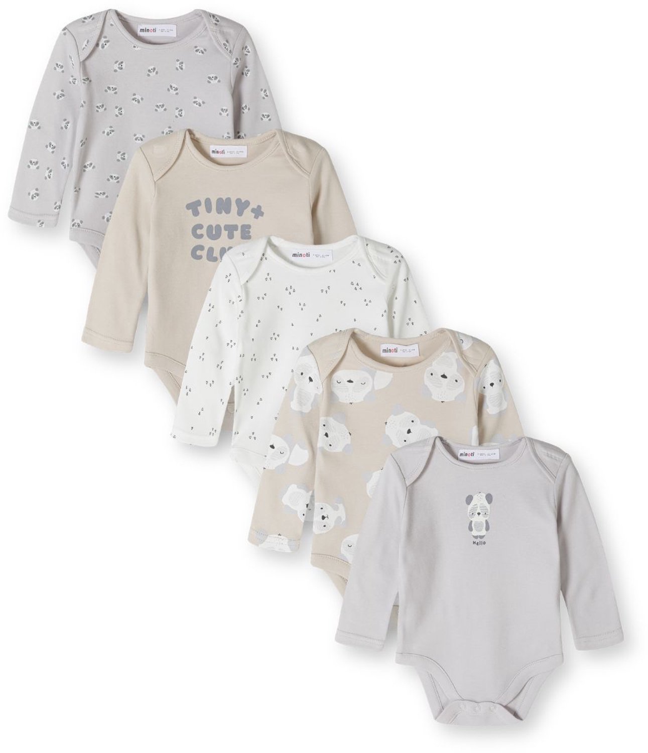 Minoti rompertjes lange mouw – panda's – 5-pack – beige, grijs en wit
