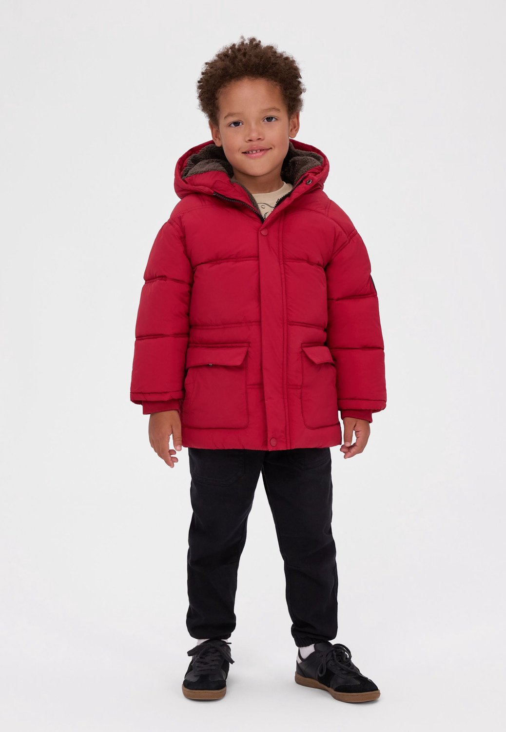 Minoti winterjas jongens – teddyvoering – drukknoopstrook – rood