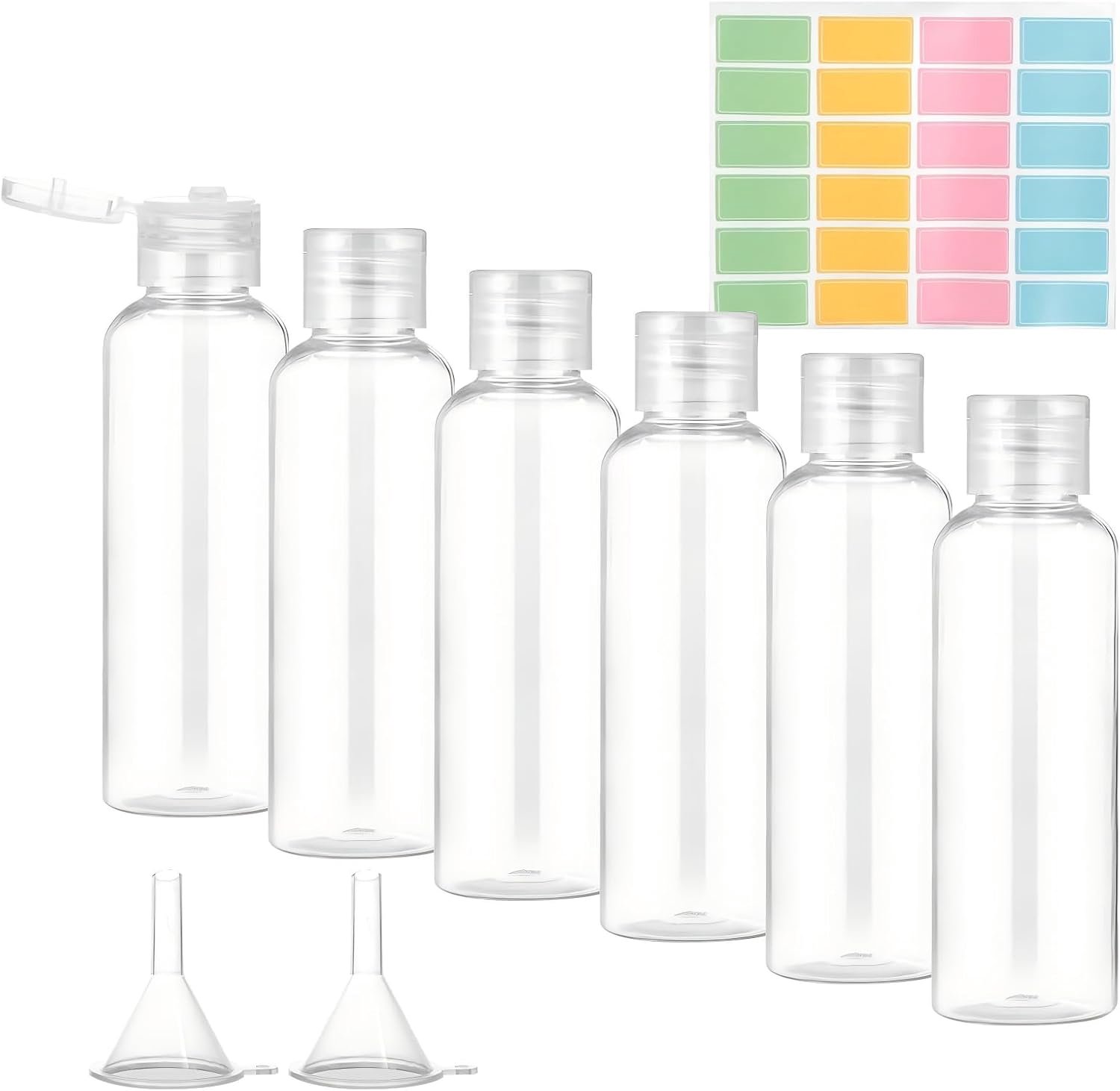 Reisflessen om te vullen, 100 ml, set met 6 flessen, reiscosmetica-container, lekvrij, reisshampoo-container met trechter en etiketten voor handbagage en reizen