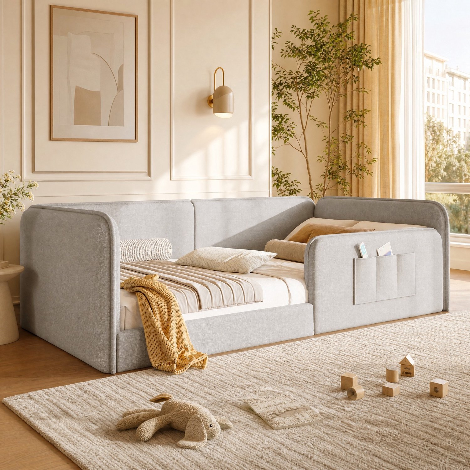 CHICFURN Gestoffeerd kinderbed 90x200 cm - zijvakken - beige