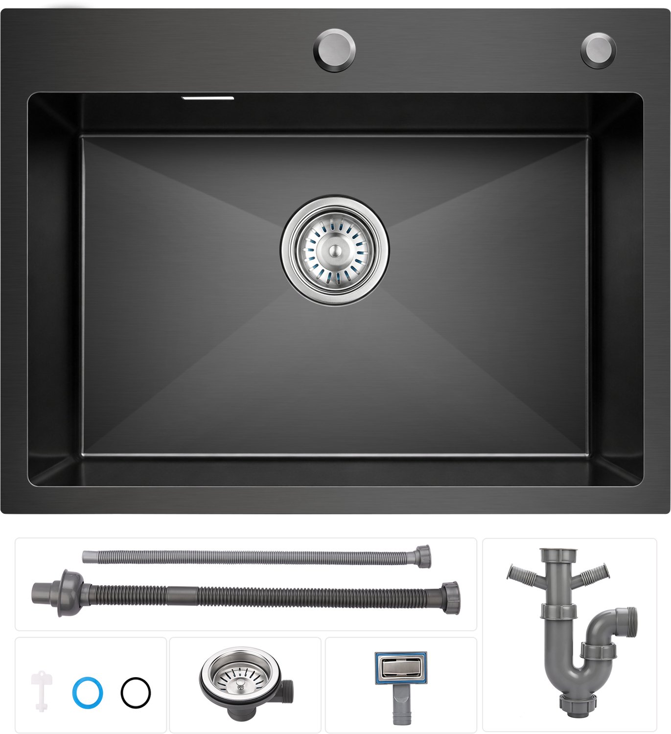 LOVHAUS Spoelbak Keuken RVS 60x45 cm - Enkele Spoelbak - Antraciet - 2 Kraangaten - Met Overloop