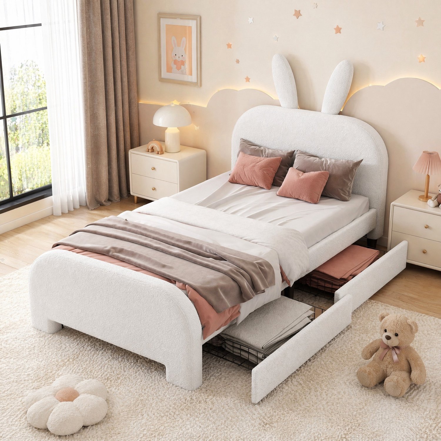 Kinderbed 90 x 200 cm - 2 opberglades - konijnvormig hoofdbord - wit