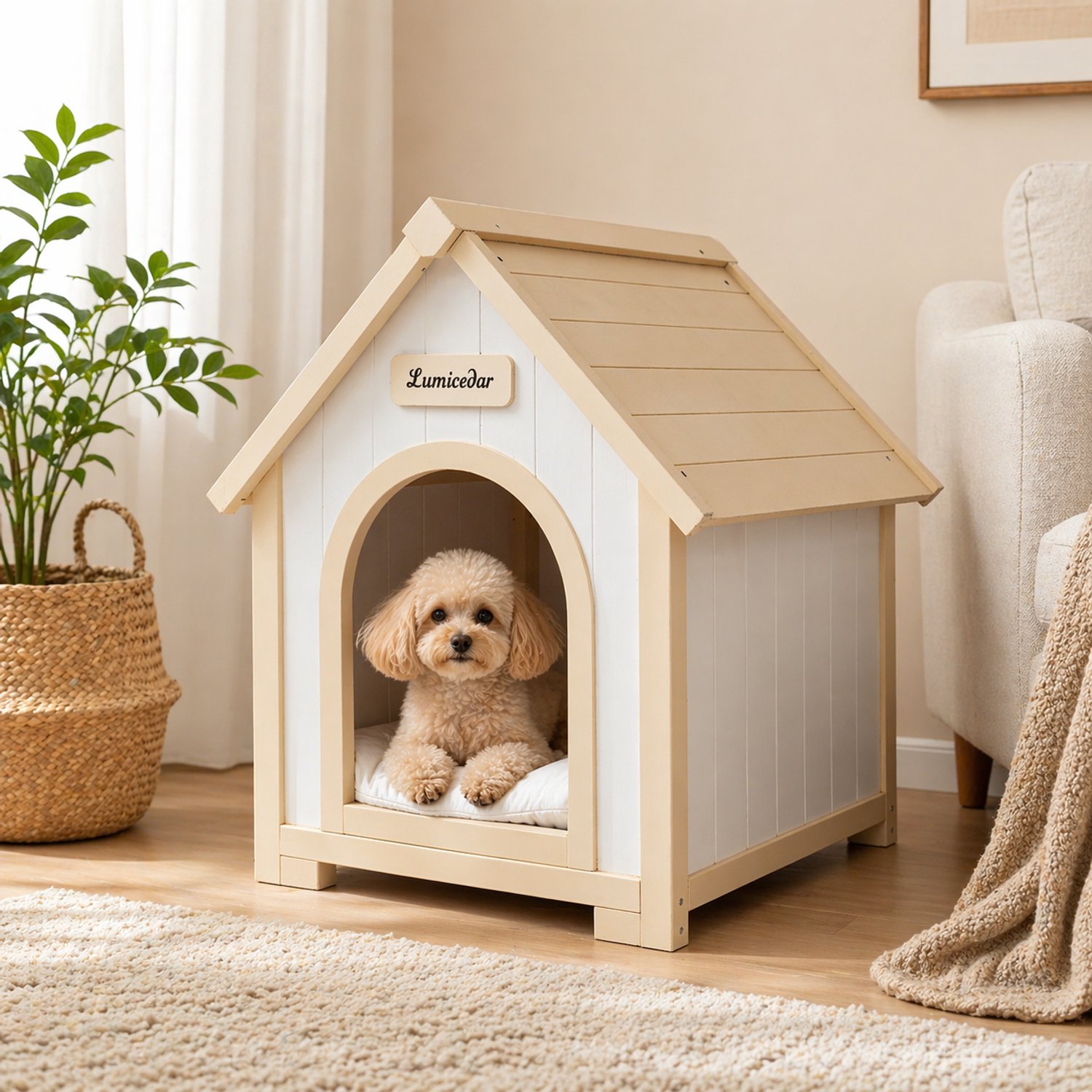 Hondenhok Voor Binnen - Massief Cederhout Met A Frame - Uitneembaar Wasbaar Kussen - Voor Kleine Honden - Scandinavisch Design In Crèmewit