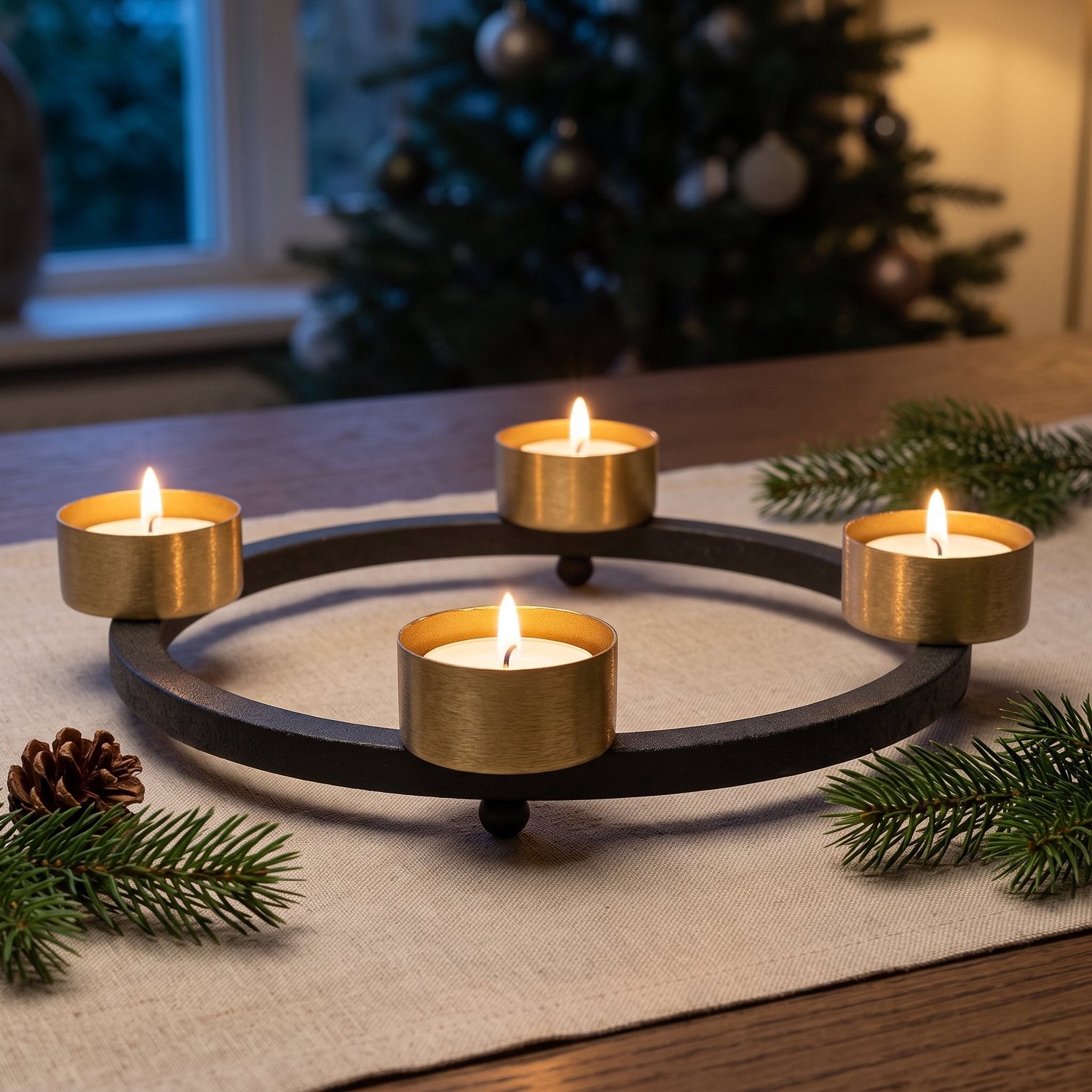 Cheqo® Theelichthouder Rond voor 4 Theelichtjes - Adventskrans Zwart Goud - Waxinelichthouder - Kaarsenhouder - Advent Kandelaar - Kerstdecoratie - Kaarsenstandaard - Tafelversiering - Herfstdecoratie - Kerstversiering - Sfeerverlichting Binnen – foto 7
