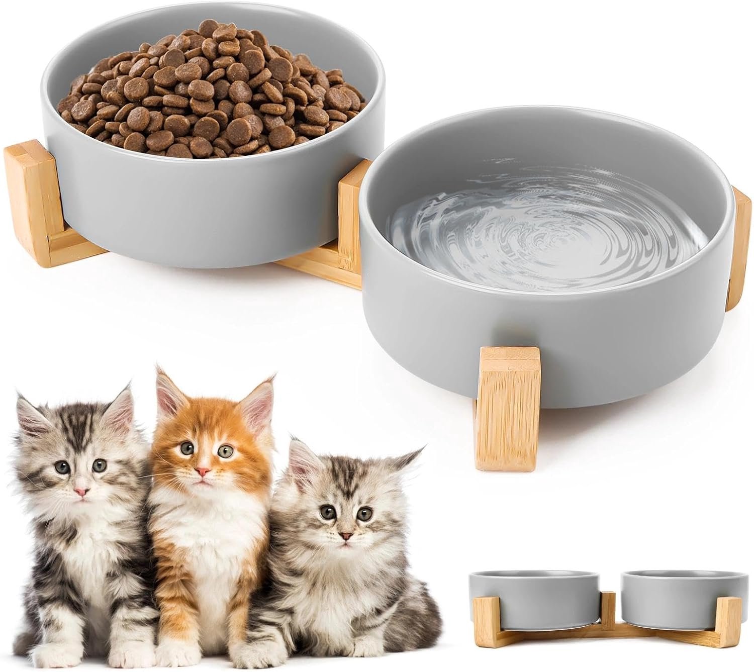 Keramiek, 400 ml, voerbak voor katten, dubbele voerbak voor hond met bamboe standaard, antislip, kattenvoerbak voor kleine tot middelgrote katten en honden