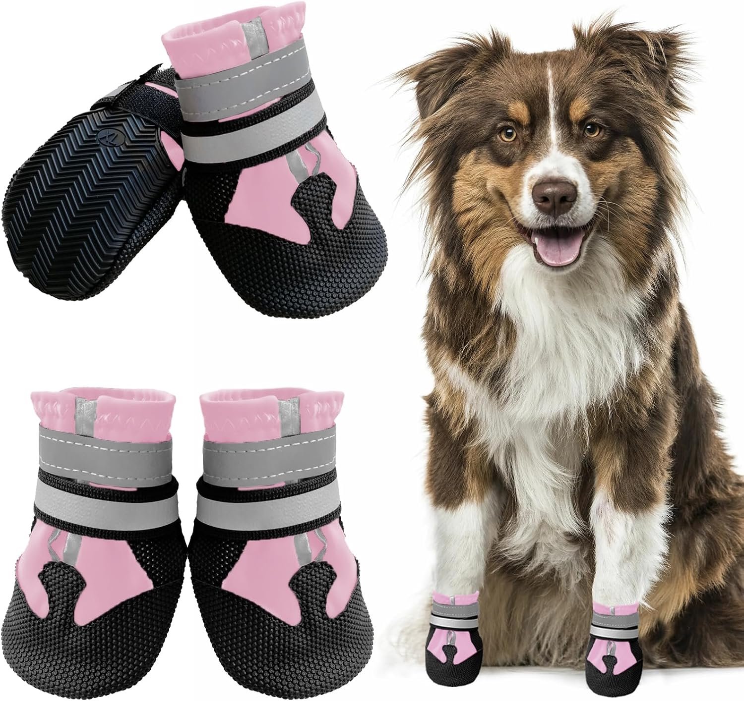 Schoenen, pootbescherming, 4 stuks, waterdichte anti-slip hondenlaarzen met antislipzool en reflecterende klittenbandsluiting, schoenen voor kleine, middelgrote en grote honden (roze
