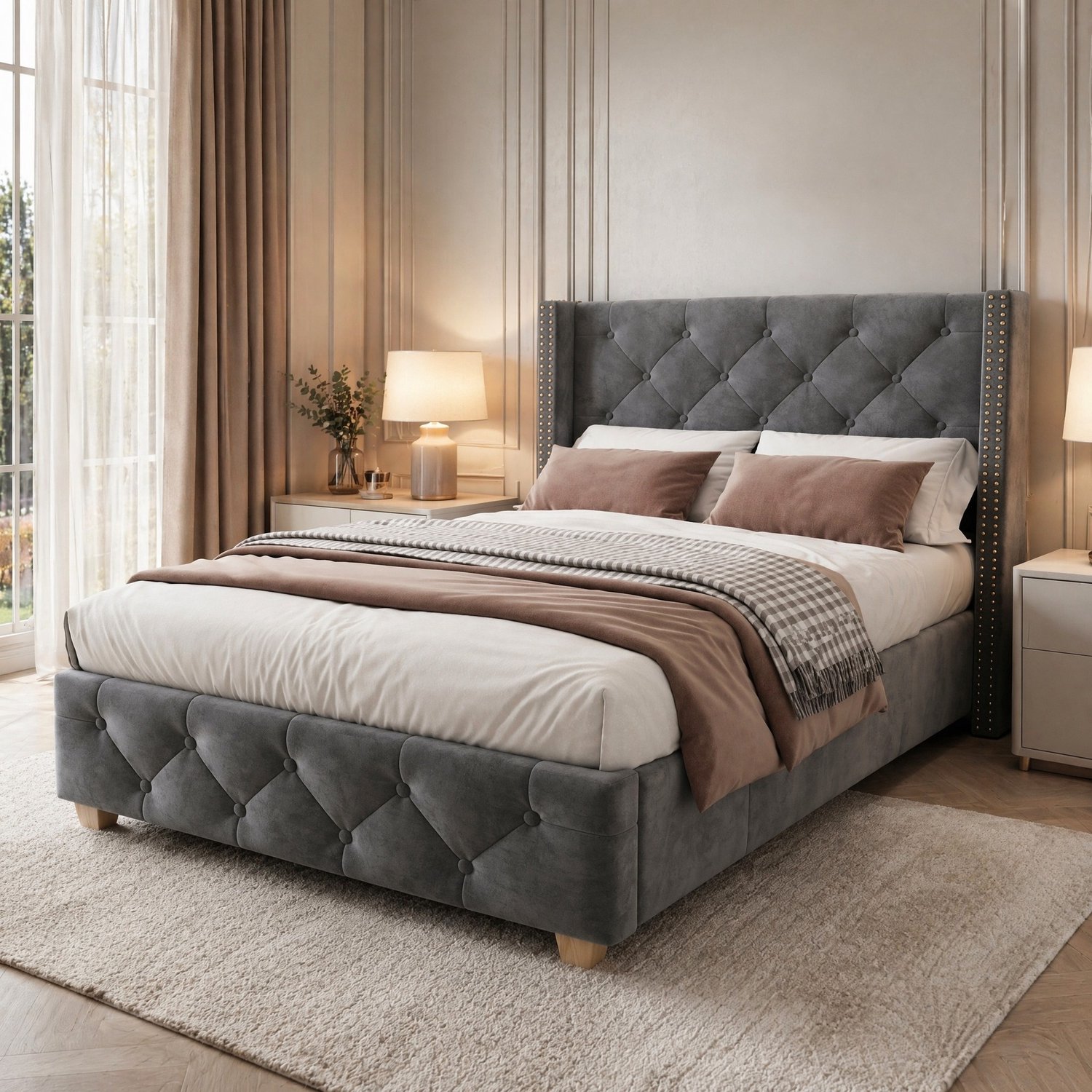 CHICFURN Gestoffeerd bed 90 x 200 cm - Lattenbodem en hoofdbord - Fluweel - Grijs