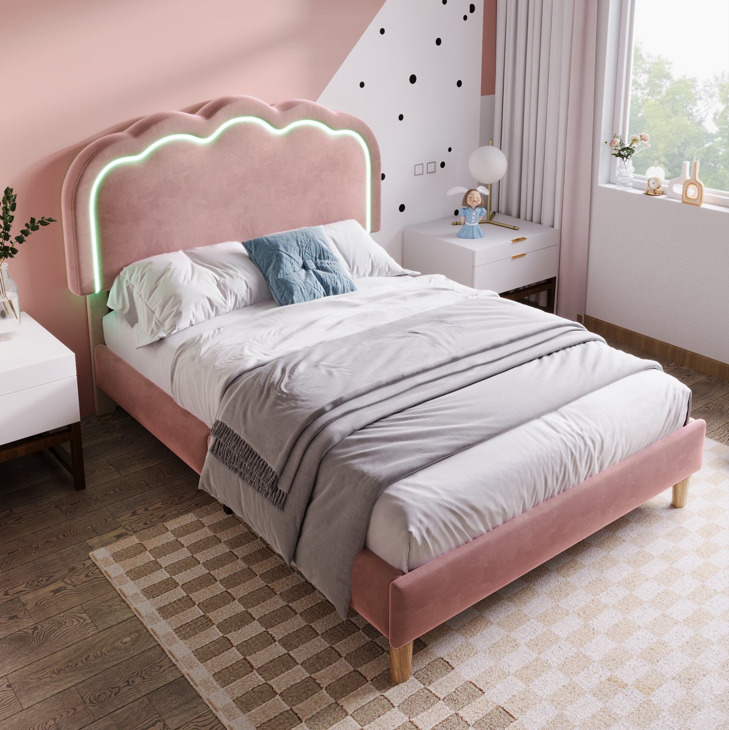 CHICFURN LED eenpersoonsbed 90 x 190 cm - verstelbaar hoofdeinde - roze