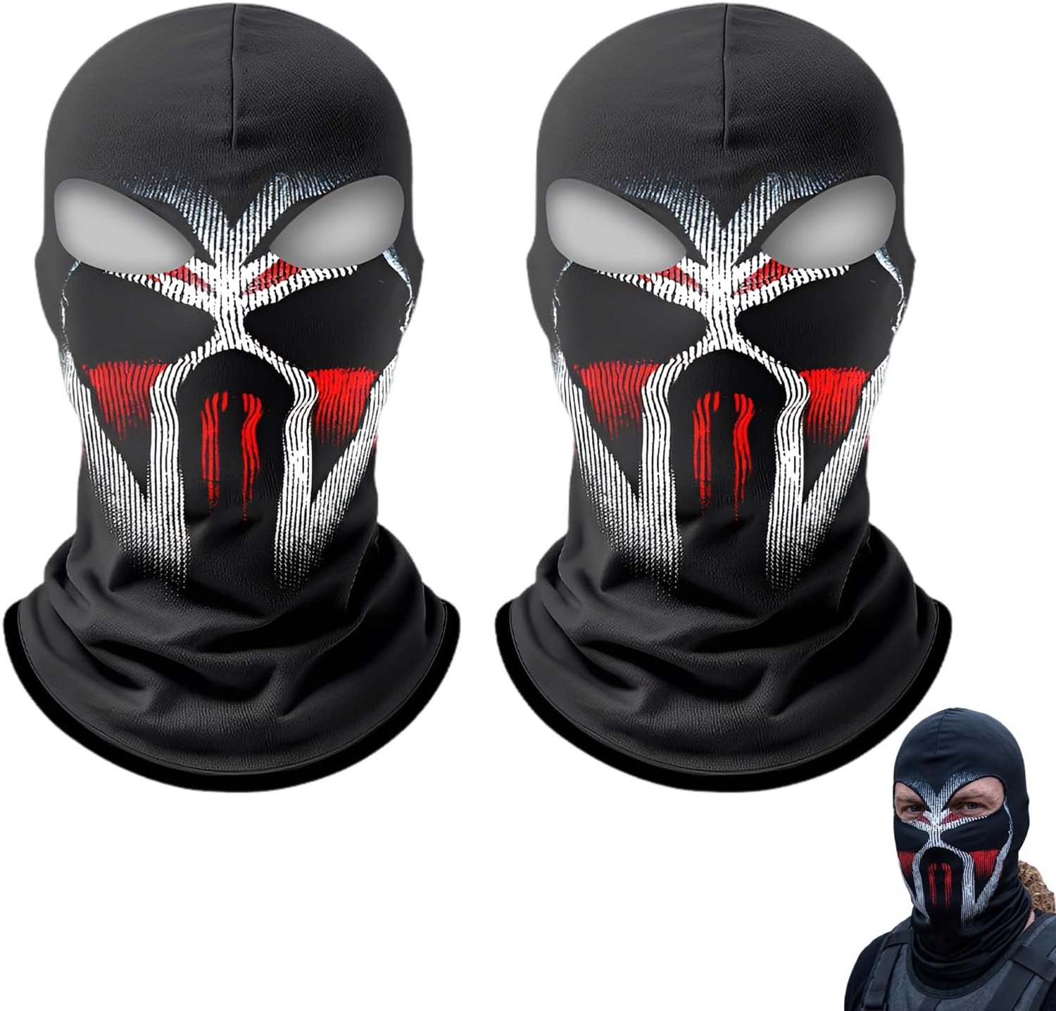 2 stuks rood-wit gradient spike strepen bivakmuts met techno dark print – elastische ijszijde gezichtsmasker unisex, ademend en sneldrogend, voor motor, outdoor en Halloween cosplay