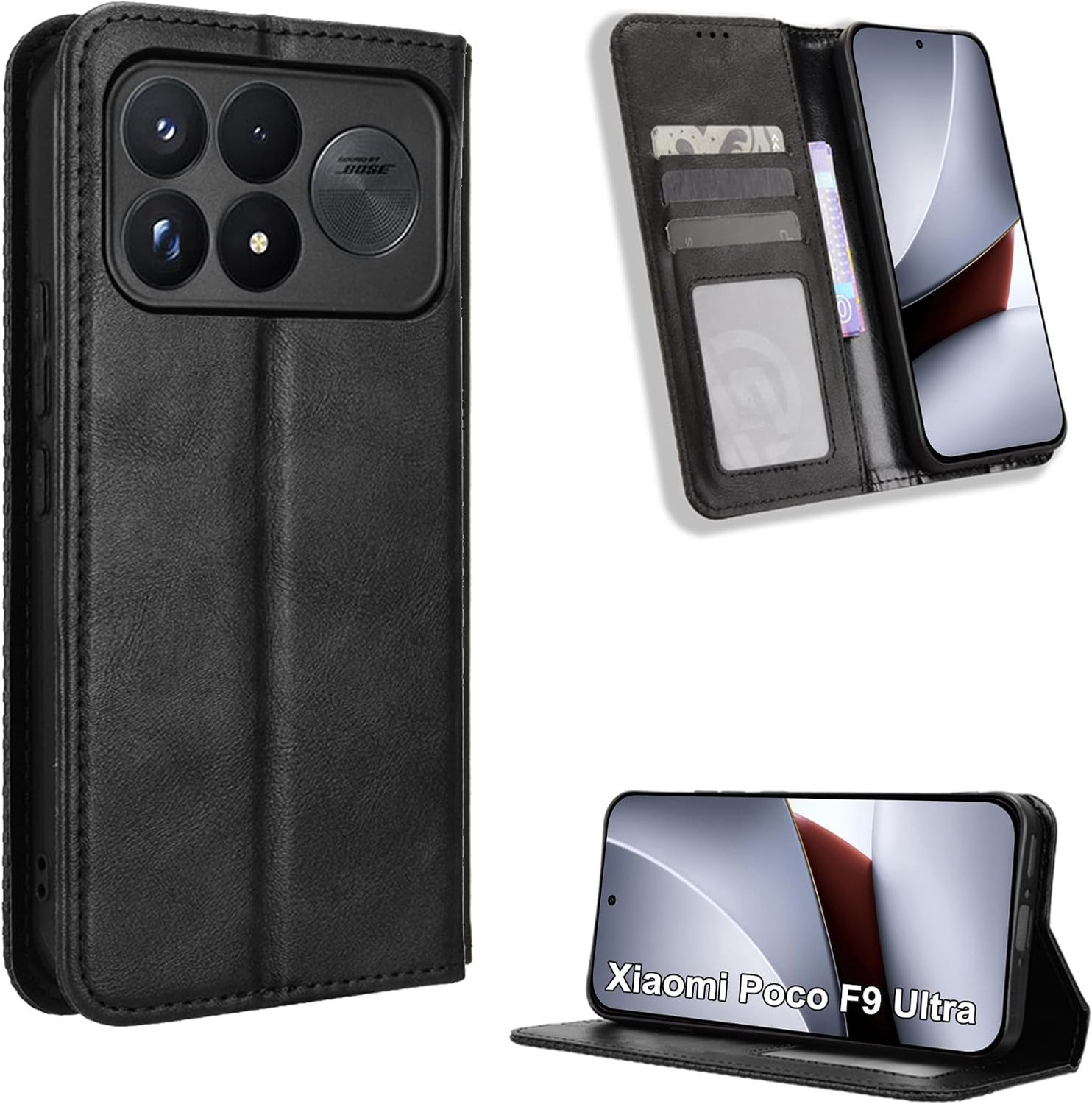 Leren klaphoes voor Xiaomi Poco F9 Ultra, zwart