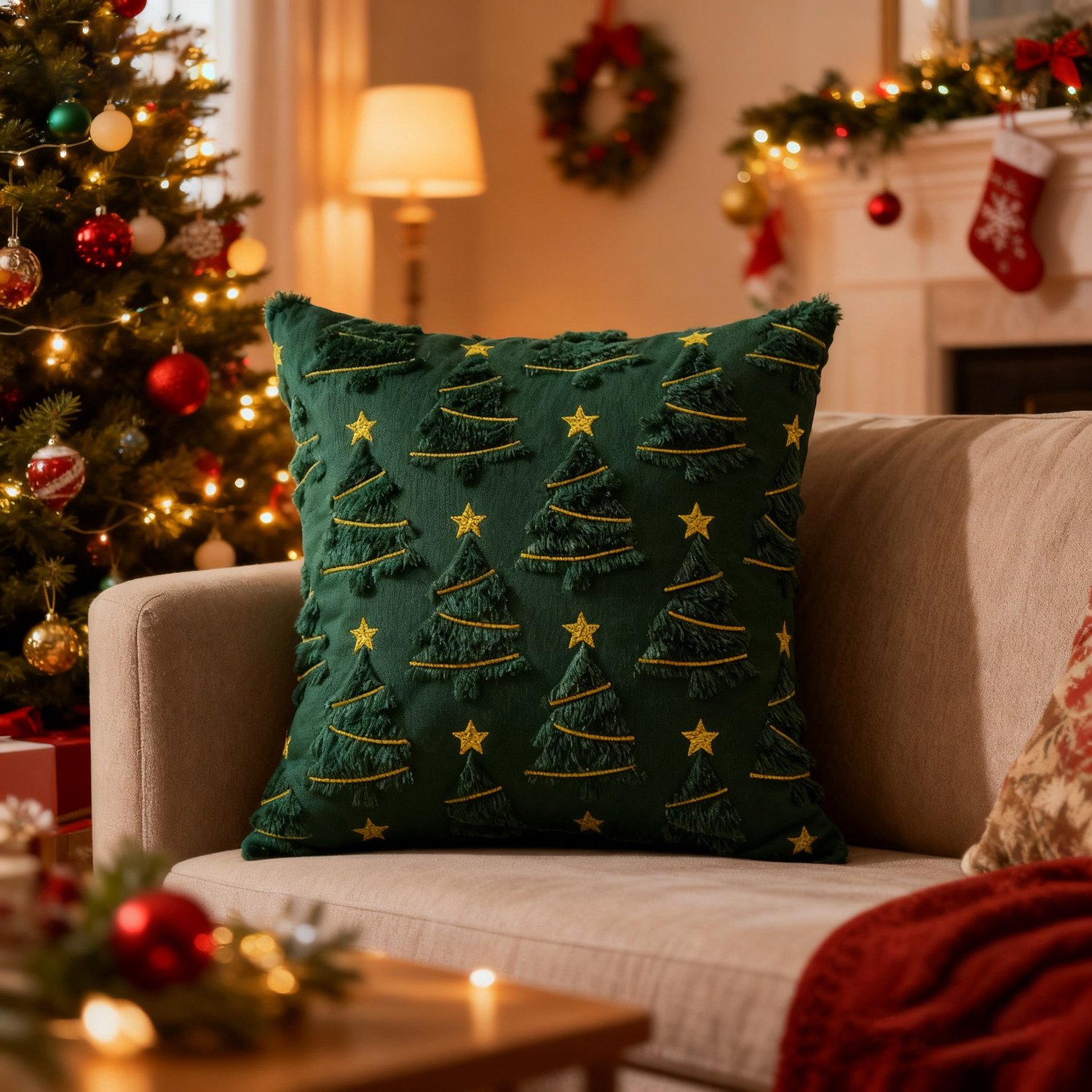 Kerst Kussenhoezen 45x45 cm (Set van 2) - Luxe Groene Pluche Kussenslopen met 3D Kerstboom & Gouden Details - Zachte Sierkussenhoezen voor Bank & Woonkamer – foto 2