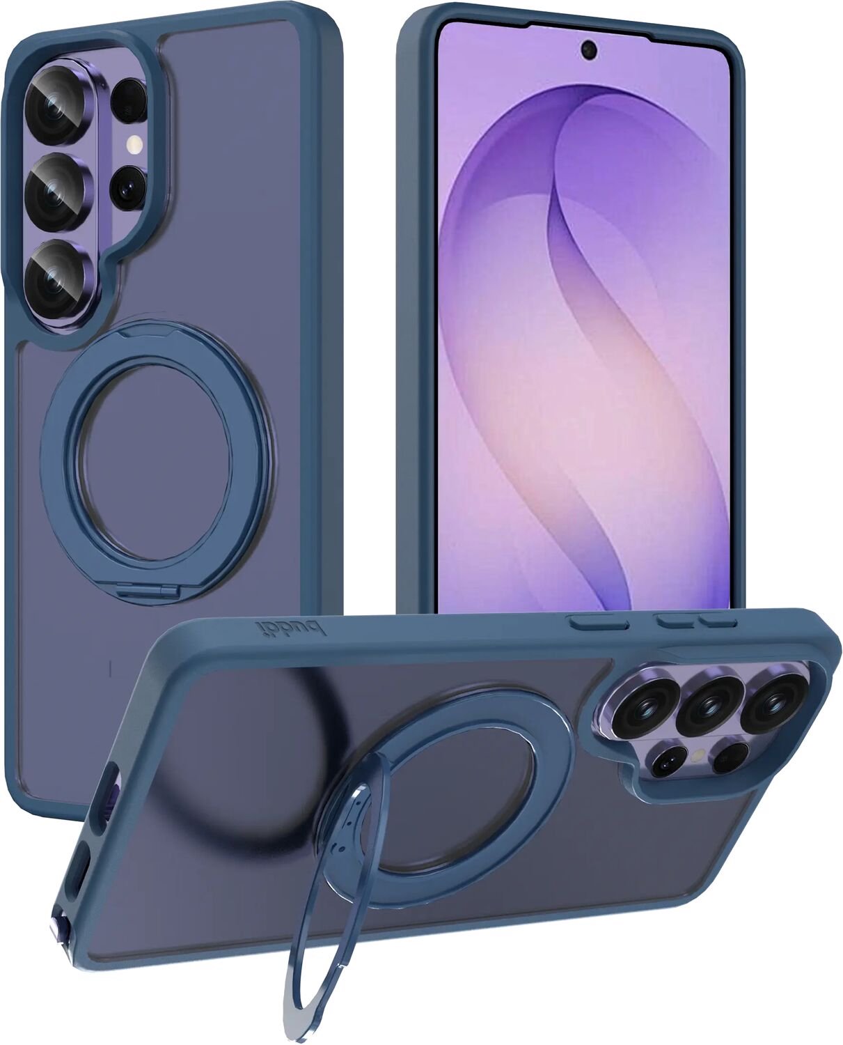 Buddi Frost Hoesje Geschikt voor Samsung Galaxy S26 Ultra - Mat Donker Blauw - Met Ring Stand - MagSafe Back Cover - Matchende kleur - Met 360° Draaibare Standaard - Shockproof - Slank