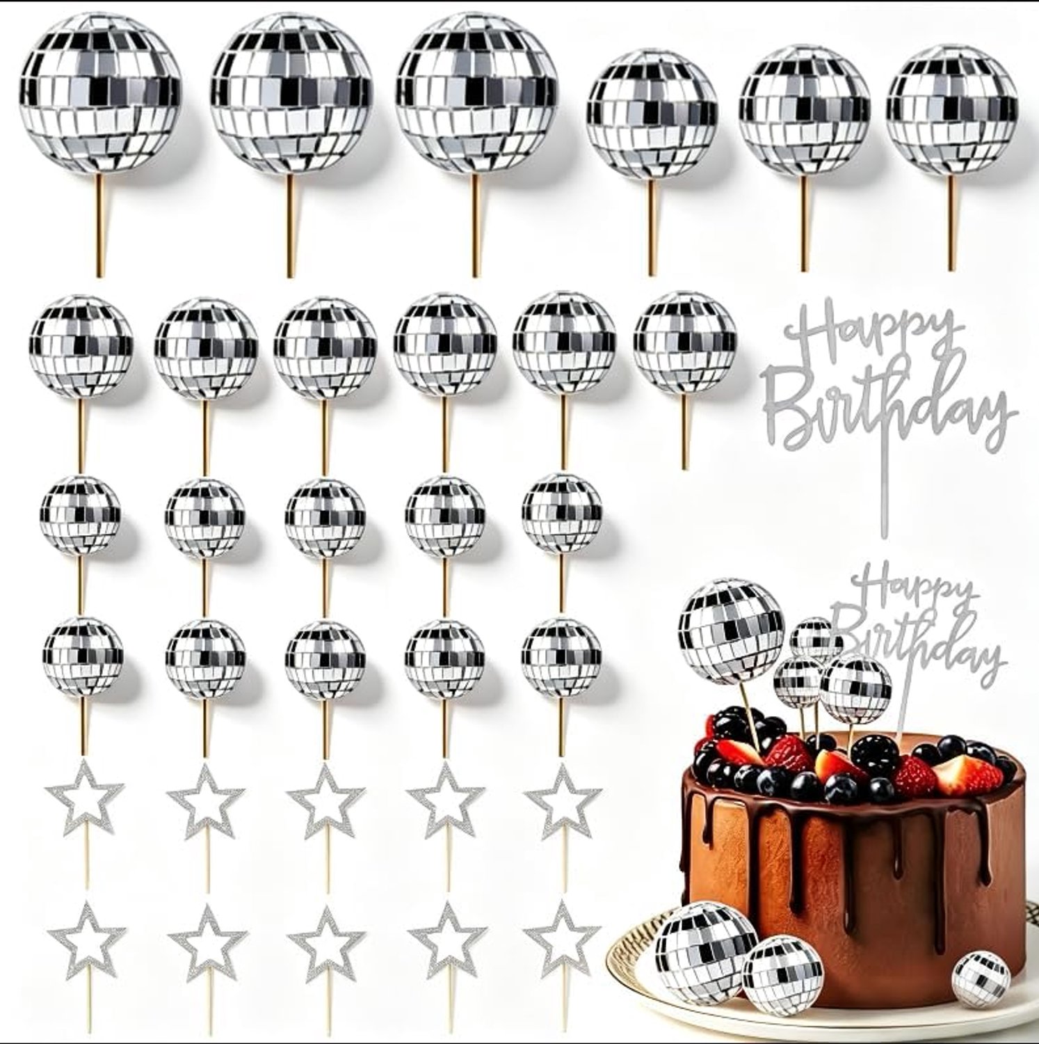 33 stuks discoballen taartdecoratie, discobal taarttoppers
