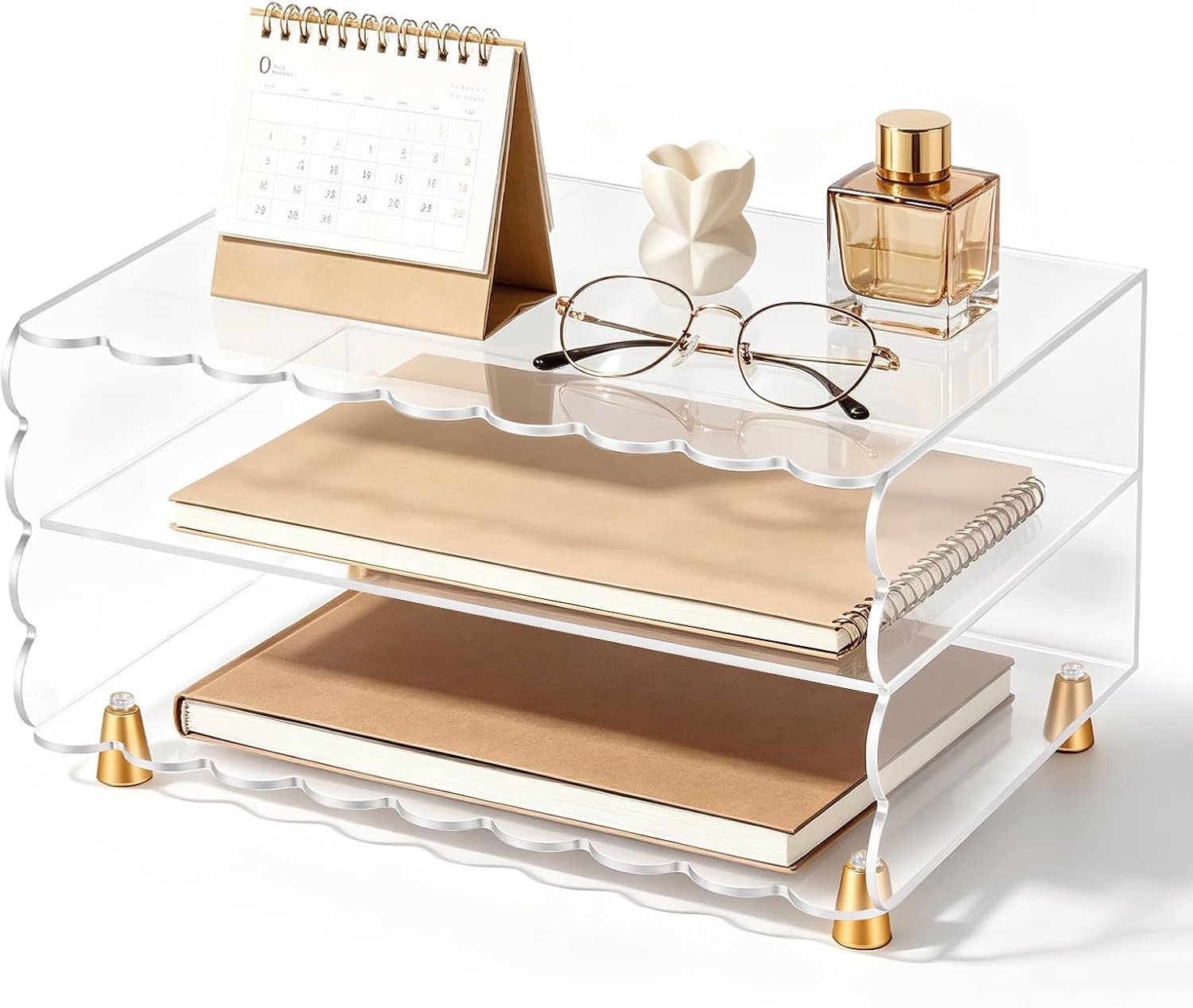 Briefbak van papier, 2 + 1 etages, acryl bureau-organizer met golvende rand en goudkleurige metalen poten, ruimtebesparende, transparante organizer voor dames, A4-map, brieven