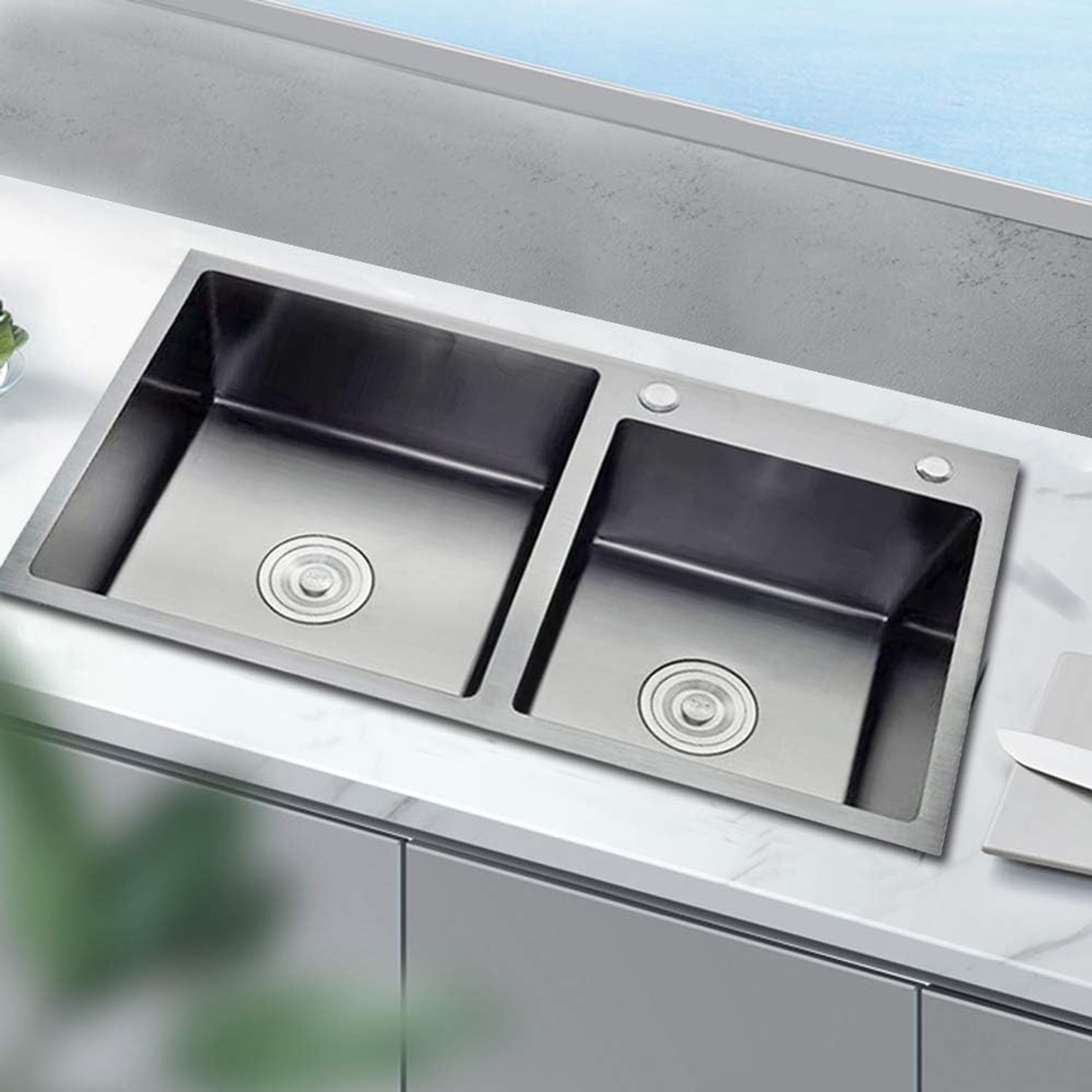 Roestvrij staal 78 x 43 x 22 cm inbouwspoelbak roestvrij staal dubbele wastafel met afvoermand + zeepdispenser keuken vierkante spoelbak 2 wastafels