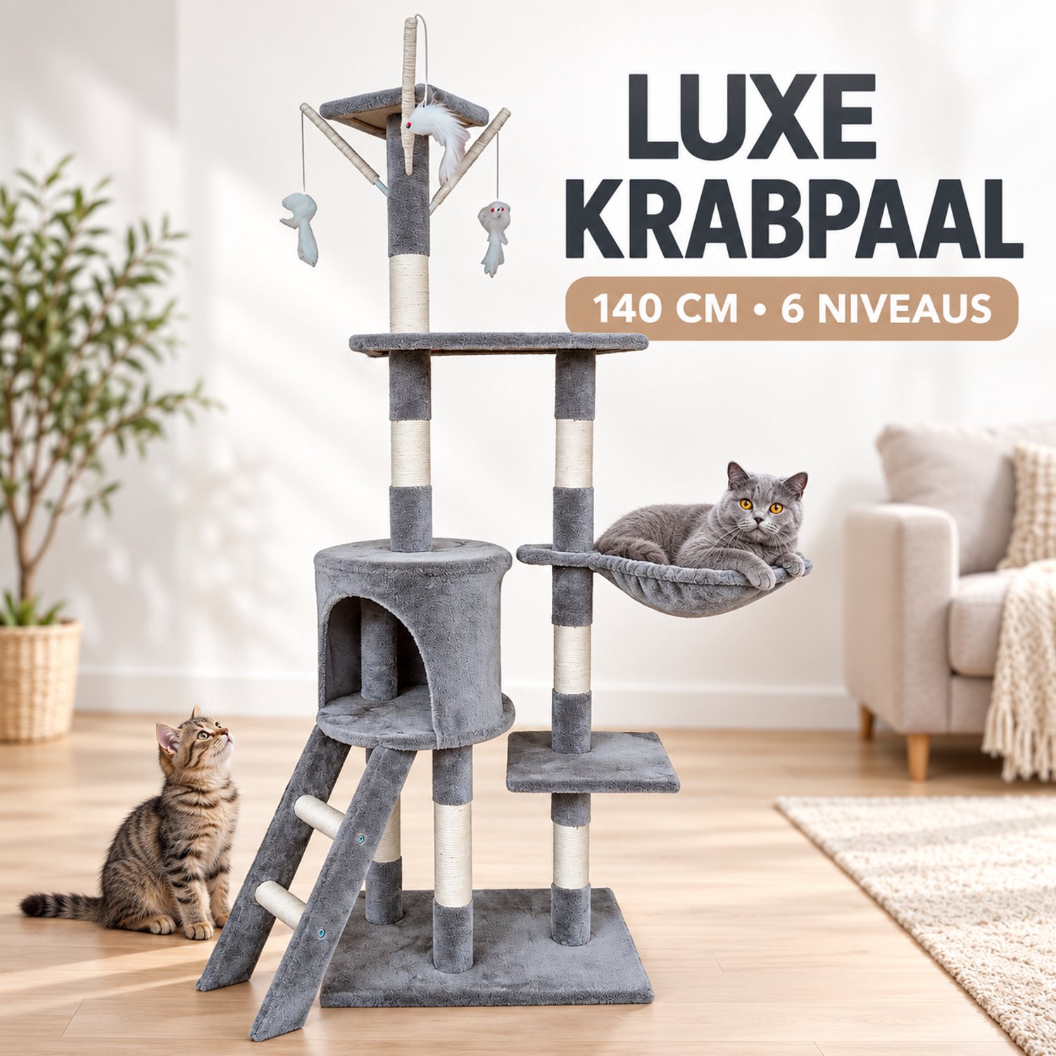 Krabpaal 140 cm – Grote Kattenboom met Kattenhuis, Hangmat, 6 Niveaus, Sisal Krabpalen en Speelgoed – Stabiele Grijze Klimboom voor Katten