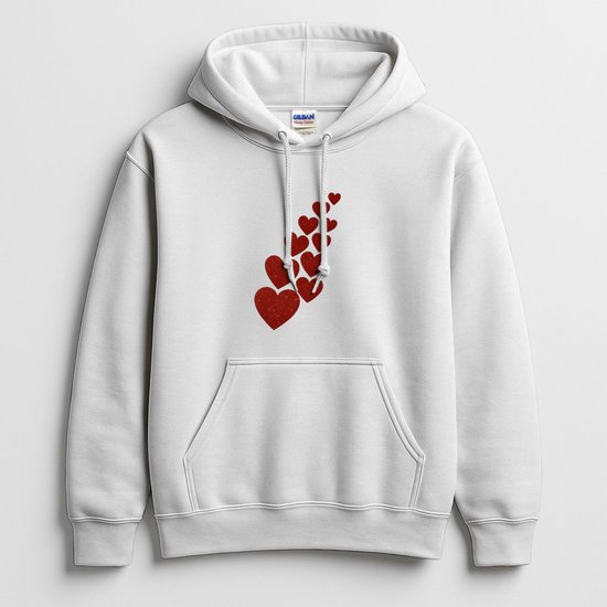 Witte uniseks hoodie met een patroon van kleine, rode glitterhartjes die omhoog zweven vanaf het midden.