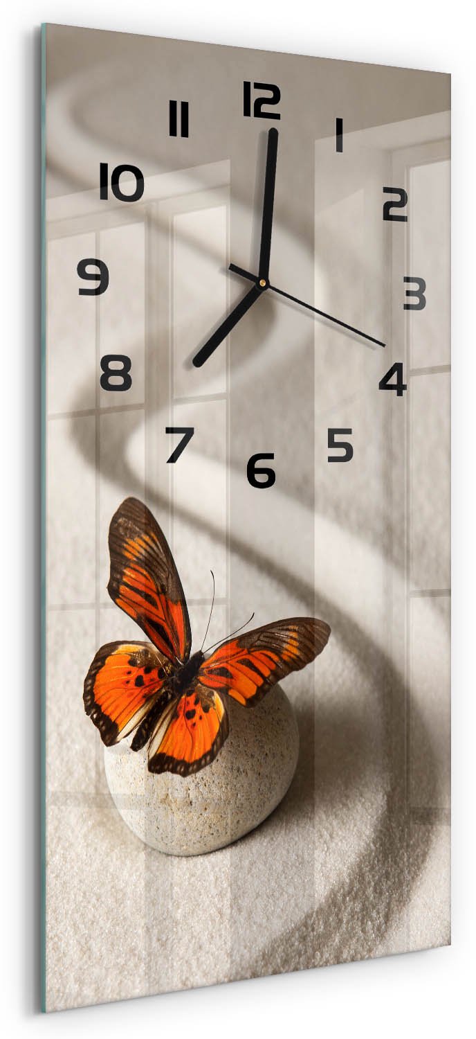 Tulup Wandklok - Zensteen en vlinder Glazen Wandklok Design - 30x60 cm - Oranje Klok Glas Met Opdruk - Zwarte handen - Rechthoekige Klok - Wandklok Glas Met Motief - Decoratieve Glazen Klok
