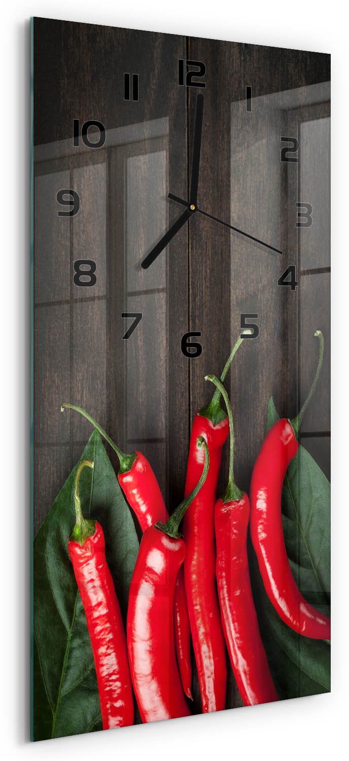 Tulup Wandklok - Chilipepers Decoratieve Glazen Klok - 30x60 cm - Rood Glazen Wandklok Design - Zwarte handen - Rechthoekige Klok - Glazen Klok Met Print - Wandklok Glas Met Motief