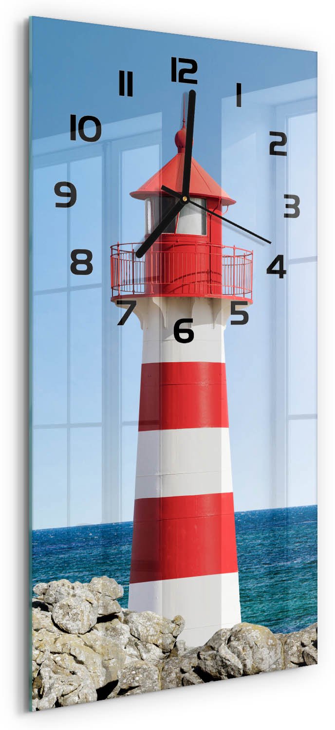 Tulup Wandklok - Vuurtoren Glazen Klok Met Print - 30x60 cm - Rood Wandklok Glas Met Motief - Zwarte handen - Rechthoekige Klok - Wandklok Glas Decoratie - Gekleurde Glazen Klok