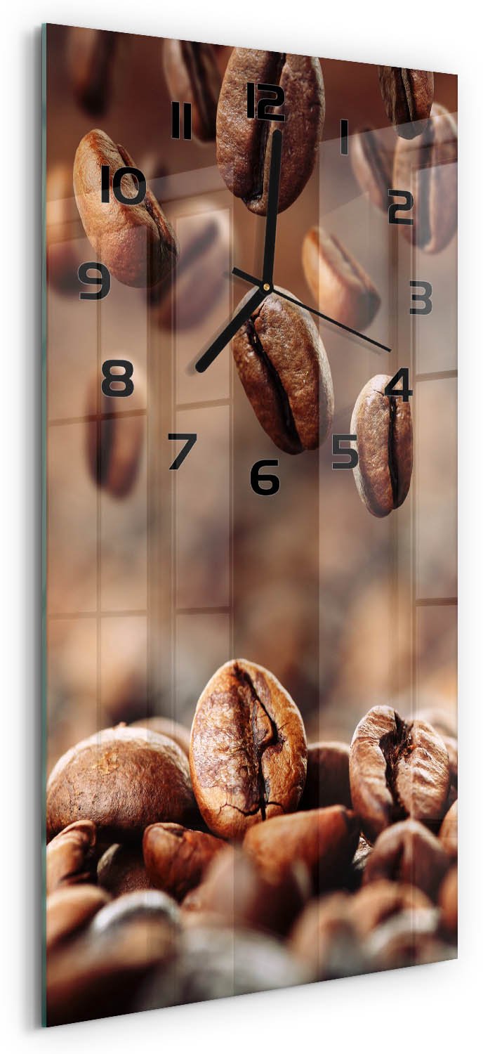 Tulup Wandklok - Koffiebonen Wandklok Glas Decoratie - 30x60 cm - Bruin Gekleurde Glazen Klok - Zwarte handen - Rechthoekige Klok - Klok Glas Met Opdruk - Moderne Wandklok Glas