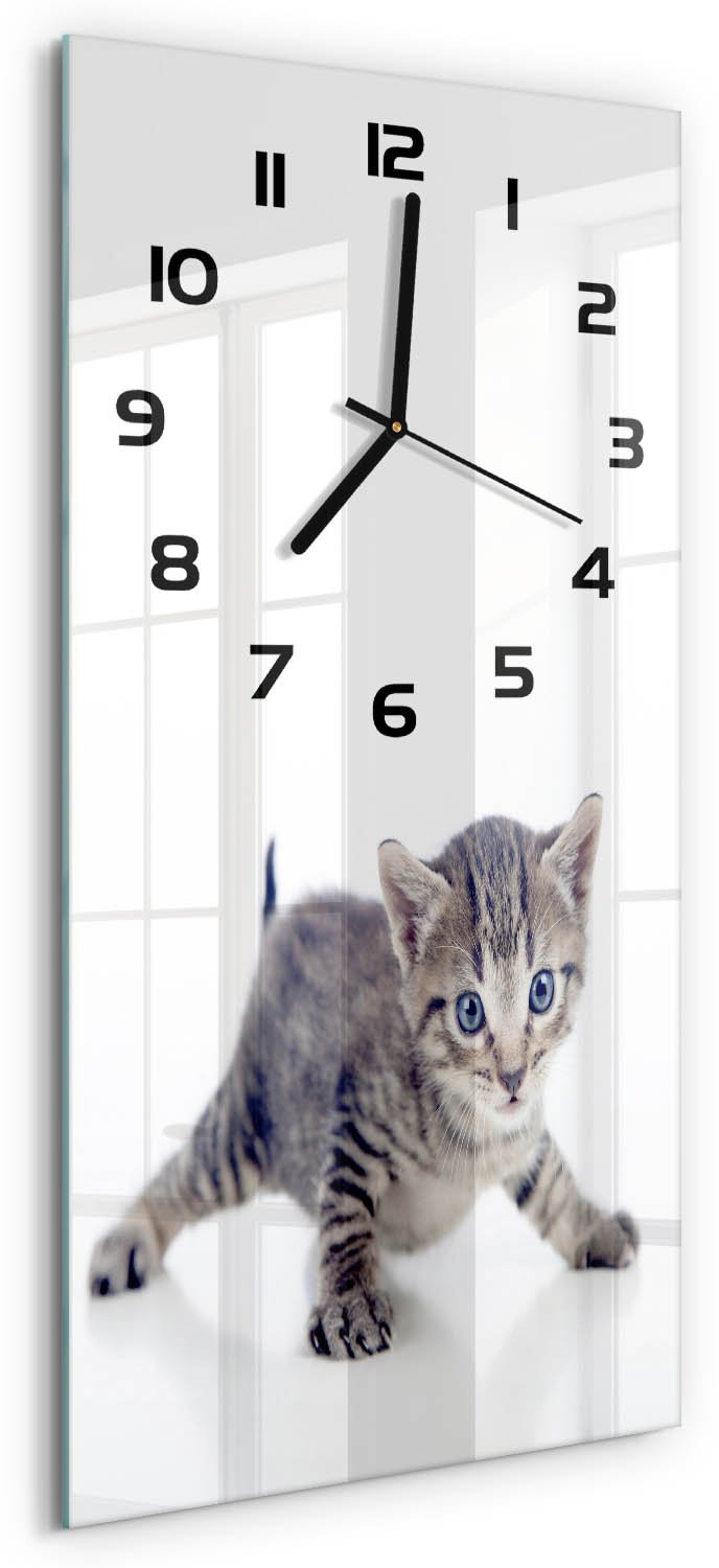 Tulup Wandklok - Kleine kat Wandklok Glas Met Motief - 30x60 cm - Grijs Decoratieve Glazen Klok - Zwarte handen - Rechthoekige Klok - Gekleurde Glazen Klok - Glazen Klok Met Print