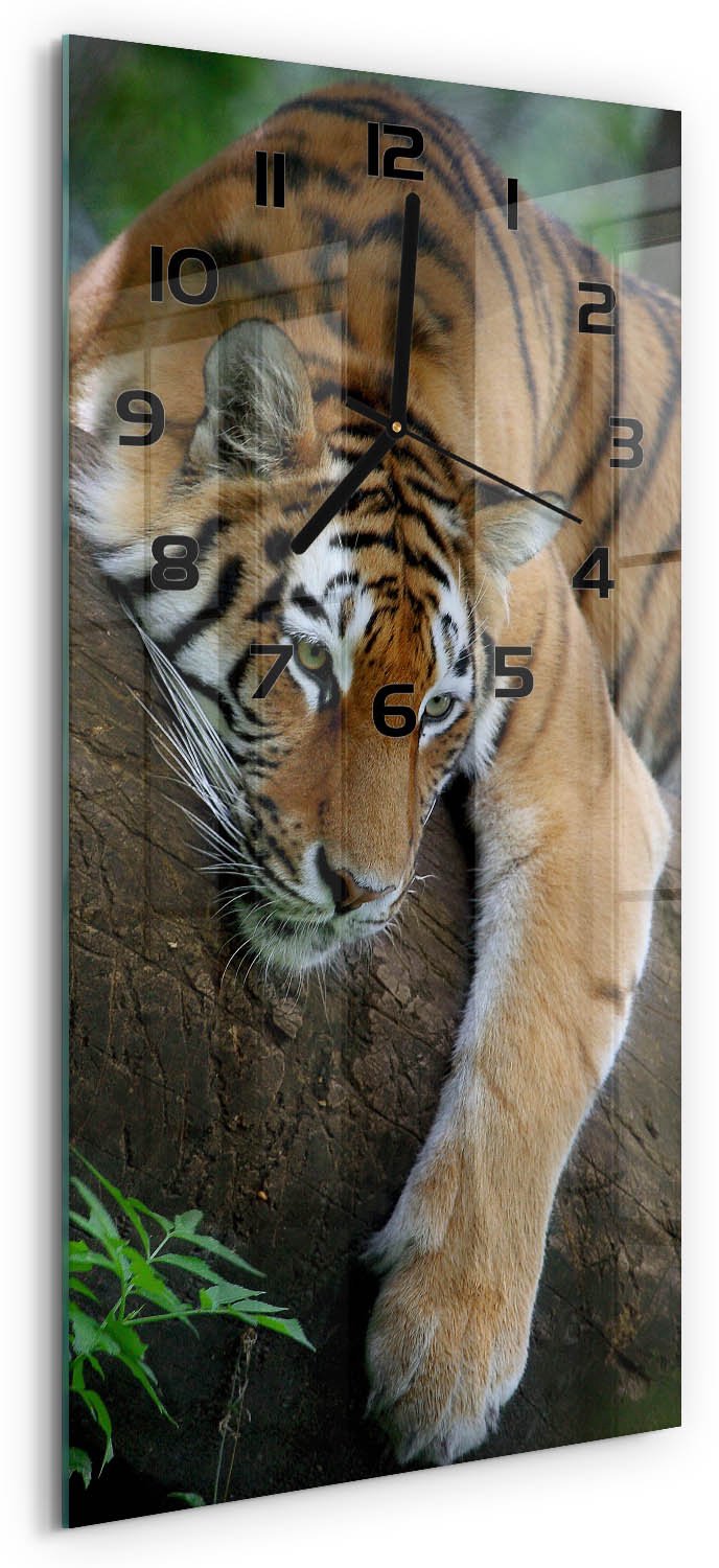 Tulup Wandklok - Tijger in een boom Wandklok Glas Decoratie - 30x60 cm - Oranje Gekleurde Glazen Klok - Zwarte handen - Rechthoekige Klok - Klok Glas Met Opdruk - Moderne Wandklok Glas