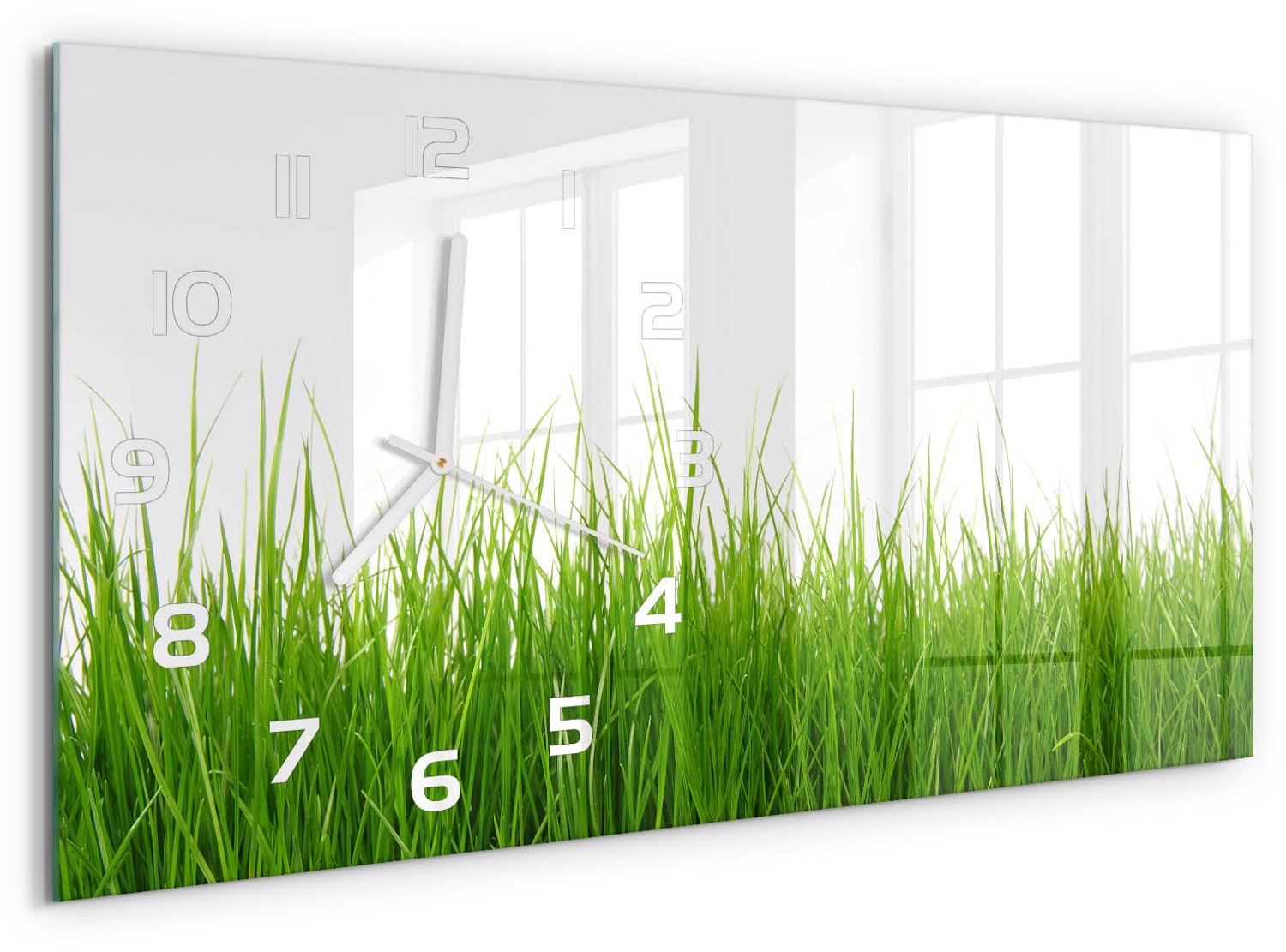 TULUP Wandklok - Gras Moderne Wandklok Glas - 60x30 cm - Groente Wandklok Glas Decoratie - Witte handen - Rechthoekige Klok - Glazen Wandklok Design - Klok Glas Met Opdruk