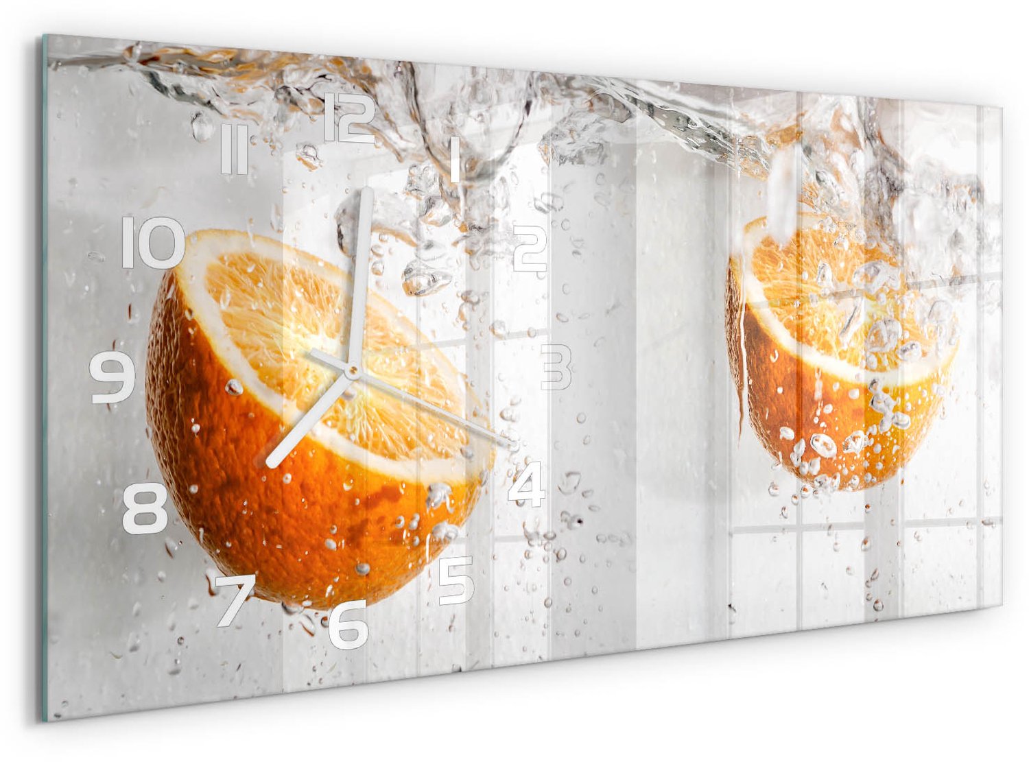 TULUP Wandklok - Sinaasappels onder water Decoratieve Glazen Klok - 60x30 cm - Oranje Glazen Wandklok Design - Witte handen - Rechthoekige Klok - Glazen Klok Met Print - Wandklok Glas Met Motief