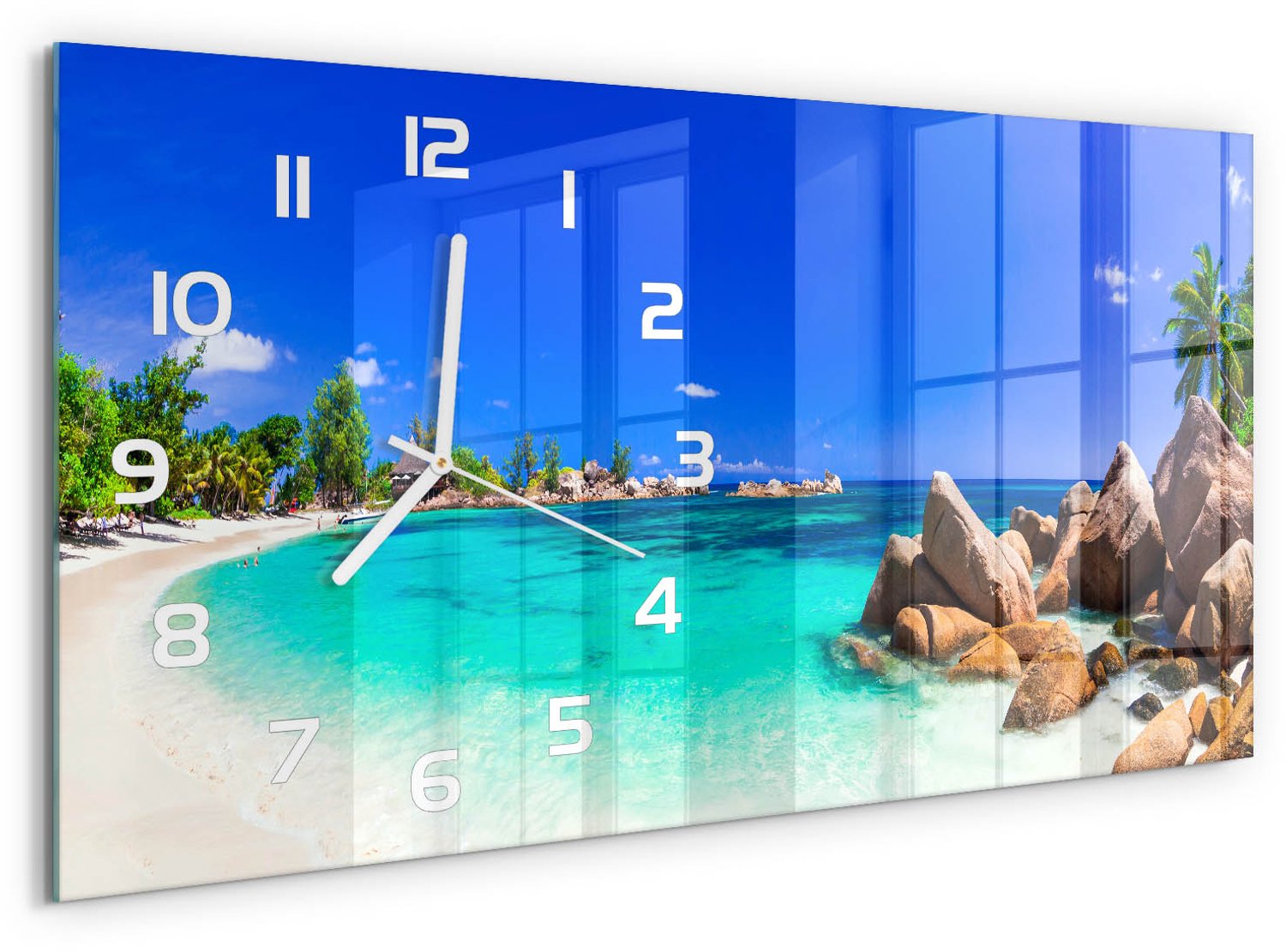 TULUP Wandklok - strand op de Seychellen Moderne Wandklok Glas - 60x30 cm - Blauw Wandklok Glas Decoratie - Witte handen - Rechthoekige Klok - Glazen Wandklok Design - Klok Glas Met Opdruk
