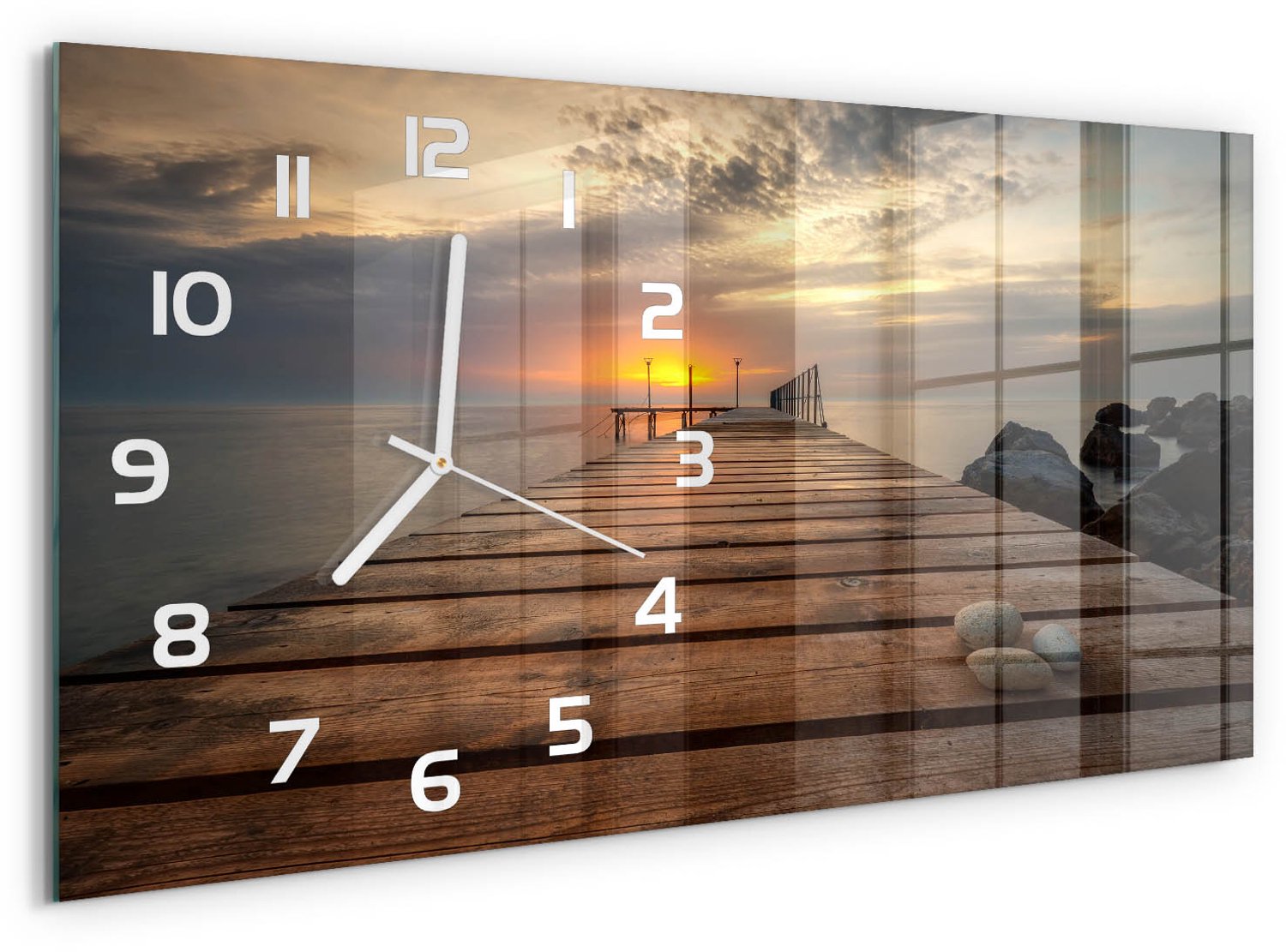 TULUP Wandklok - Houten brug Glazen Klok Met Print - 60x30 cm - Bruin Wandklok Glas Met Motief - Witte handen - Rechthoekige Klok - Wandklok Glas Decoratie - Gekleurde Glazen Klok