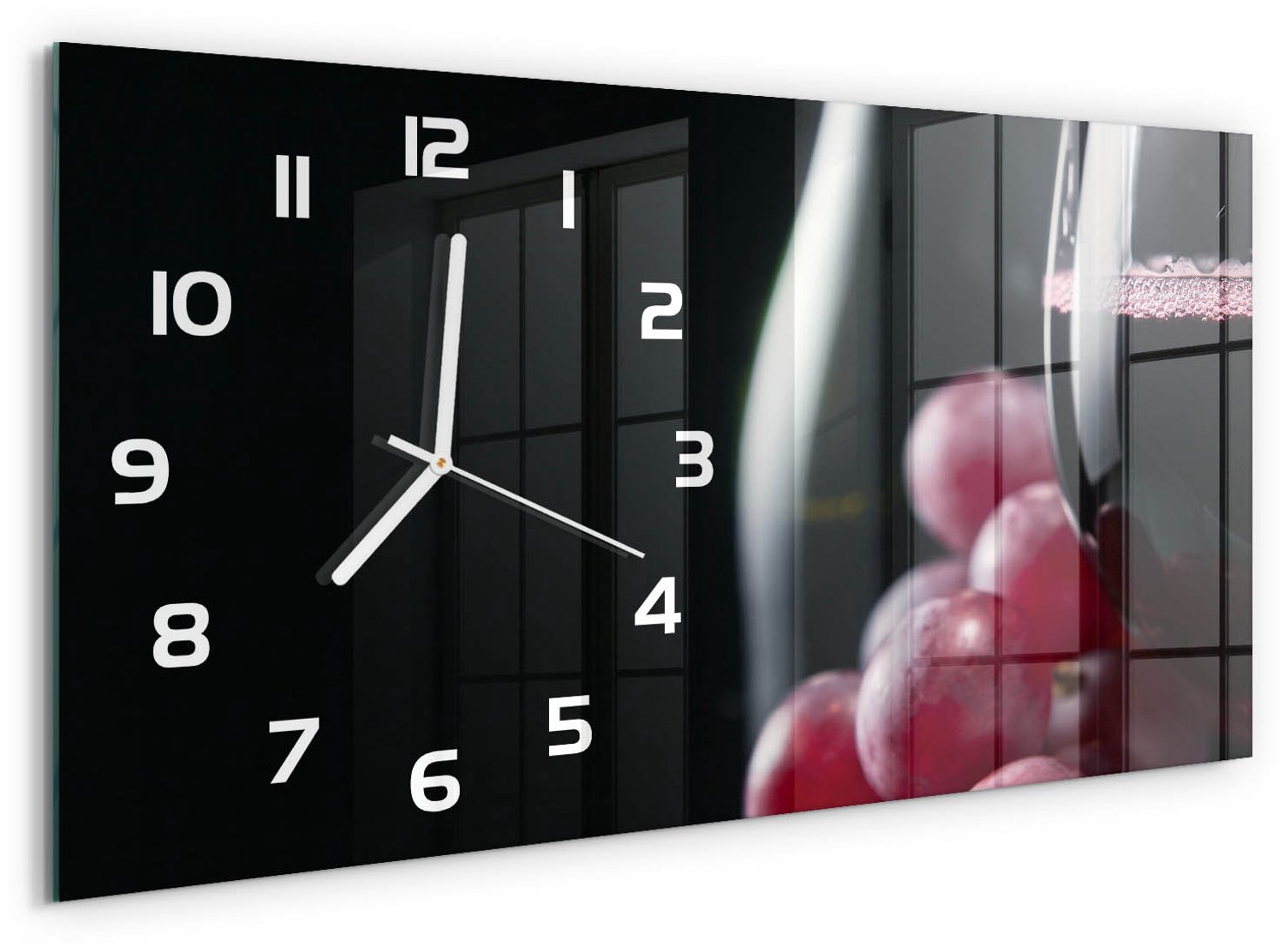 TULUP Wandklok - Druiven en wijn Wandklok Glas Met Motief - 60x30 cm - Rood Decoratieve Glazen Klok - Witte handen - Rechthoekige Klok - Gekleurde Glazen Klok - Glazen Klok Met Print