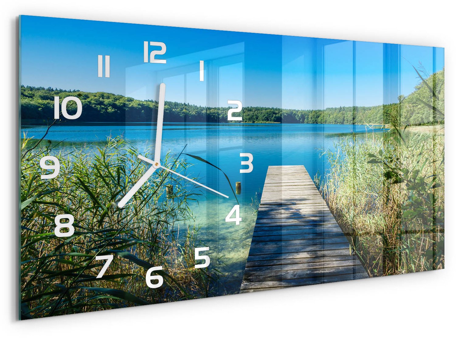 TULUP Wandklok - Steiger aan het meer Wandklok Glas Met Motief - 60x30 cm - Blauw Decoratieve Glazen Klok - Witte handen - Rechthoekige Klok - Gekleurde Glazen Klok - Glazen Klok Met Print