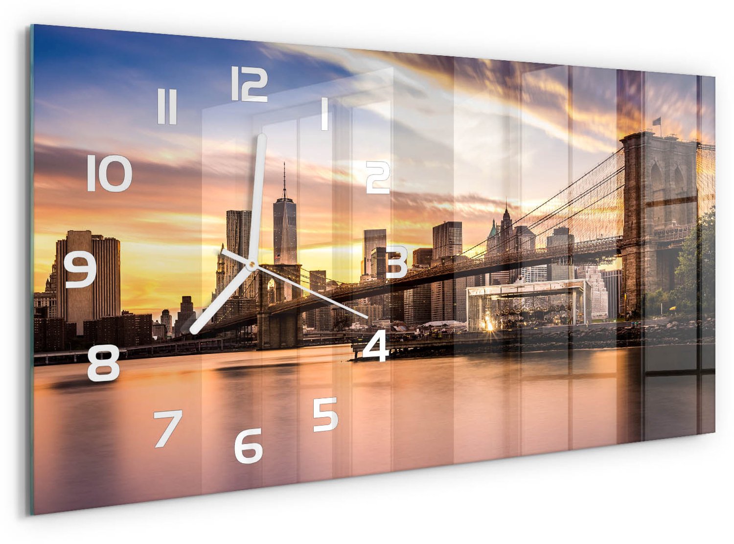 TULUP Wandklok - Brooklynbrug Wandklok Glas Met Motief - 60x30 cm - Geel Decoratieve Glazen Klok - Witte handen - Rechthoekige Klok - Gekleurde Glazen Klok - Glazen Klok Met Print