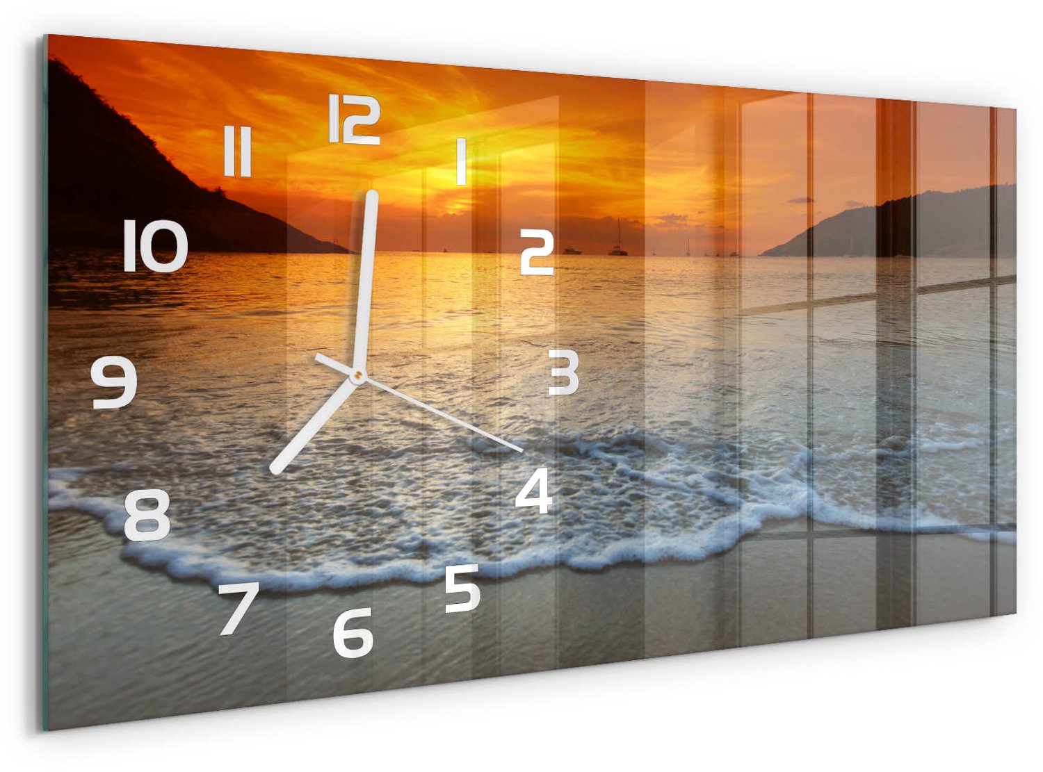 TULUP Wandklok - Zonsondergang Zee Wandklok Glas Met Motief - 60x30 cm - Oranje Decoratieve Glazen Klok - Witte handen - Rechthoekige Klok - Gekleurde Glazen Klok - Glazen Klok Met Print