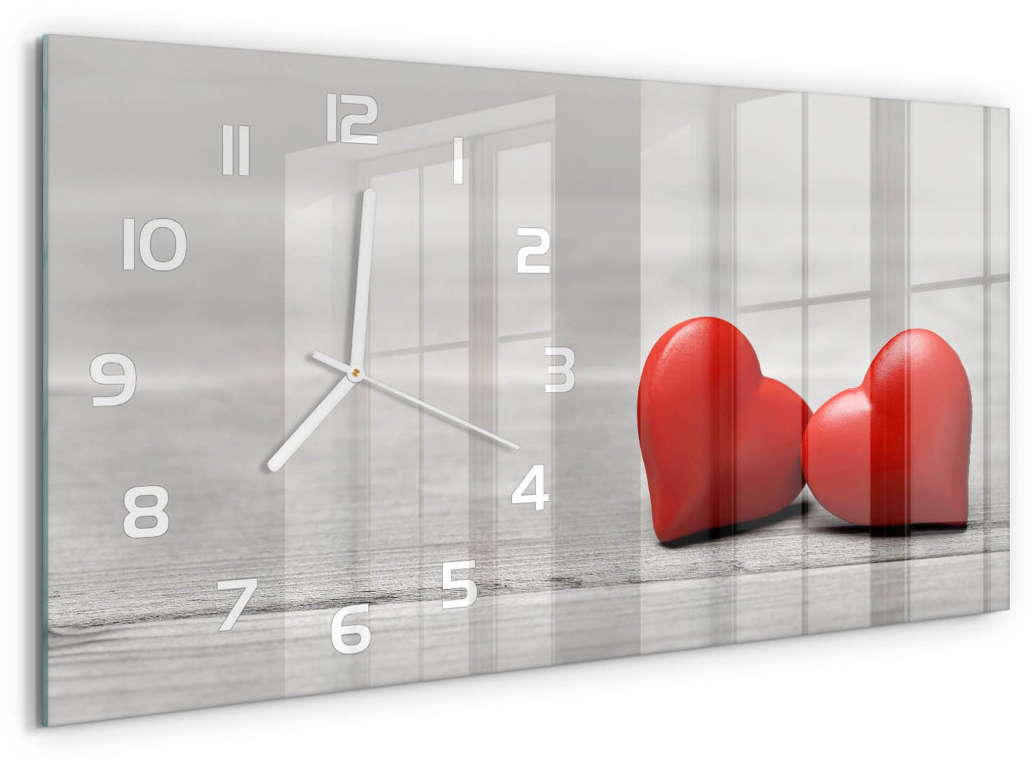 TULUP Wandklok - Harten op hout Gekleurde Glazen Klok - 60x30 cm - Rood Glazen Klok Met Print - Witte handen - Rechthoekige Klok - Moderne Wandklok Glas - Wandklok Glas Decoratie