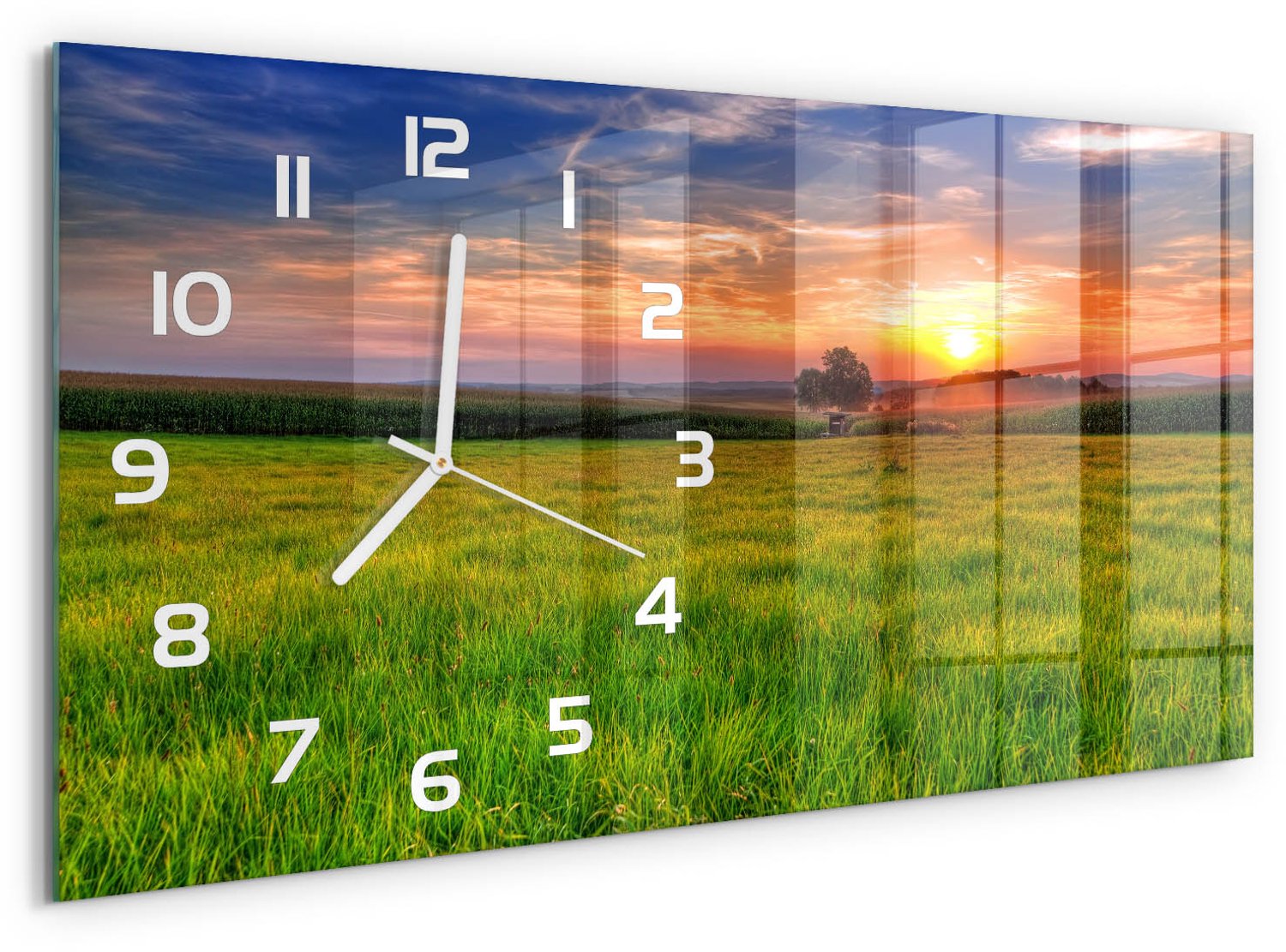 TULUP Wandklok - Zonsondergang Klok Glas Met Opdruk - 60x30 cm - Groente Moderne Wandklok Glas - Witte handen - Rechthoekige Klok - Decoratieve Glazen Klok - Glazen Wandklok Design