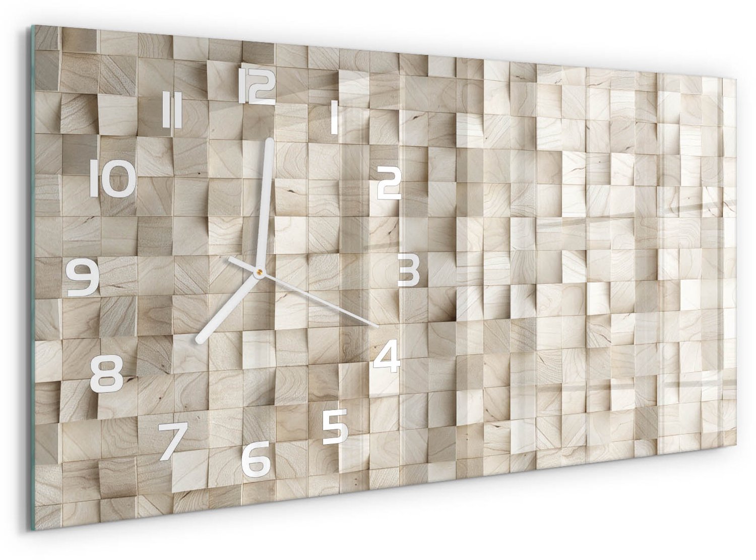 TULUP Wandklok - Houten kubussen Gekleurde Glazen Klok - 60x30 cm - Beige Glazen Klok Met Print - Witte handen - Rechthoekige Klok - Moderne Wandklok Glas - Wandklok Glas Decoratie