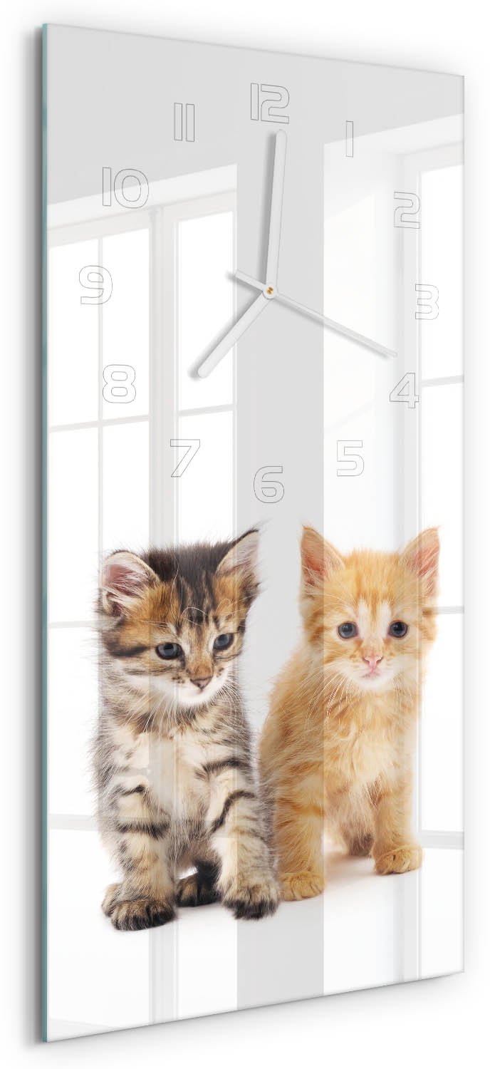 Tulup Wandklok - Bruinrode kat Gekleurde Glazen Klok - 30x60 cm - Oranje Glazen Klok Met Print - Witte handen - Rechthoekige Klok - Moderne Wandklok Glas - Wandklok Glas Decoratie