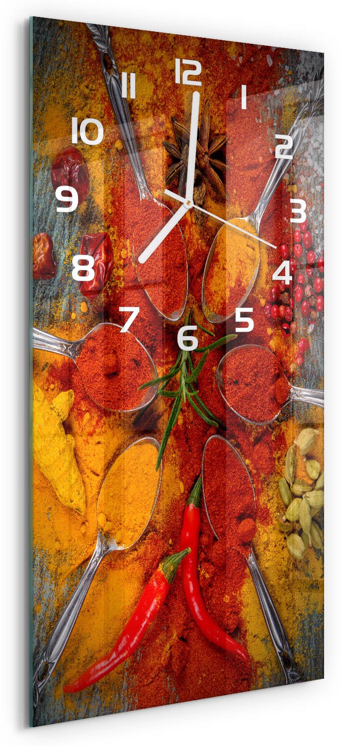 Tulup Wandklok - Specerijen Moderne Wandklok Glas - 30x60 cm - Rood Wandklok Glas Decoratie - Witte handen - Rechthoekige Klok - Glazen Wandklok Design - Klok Glas Met Opdruk