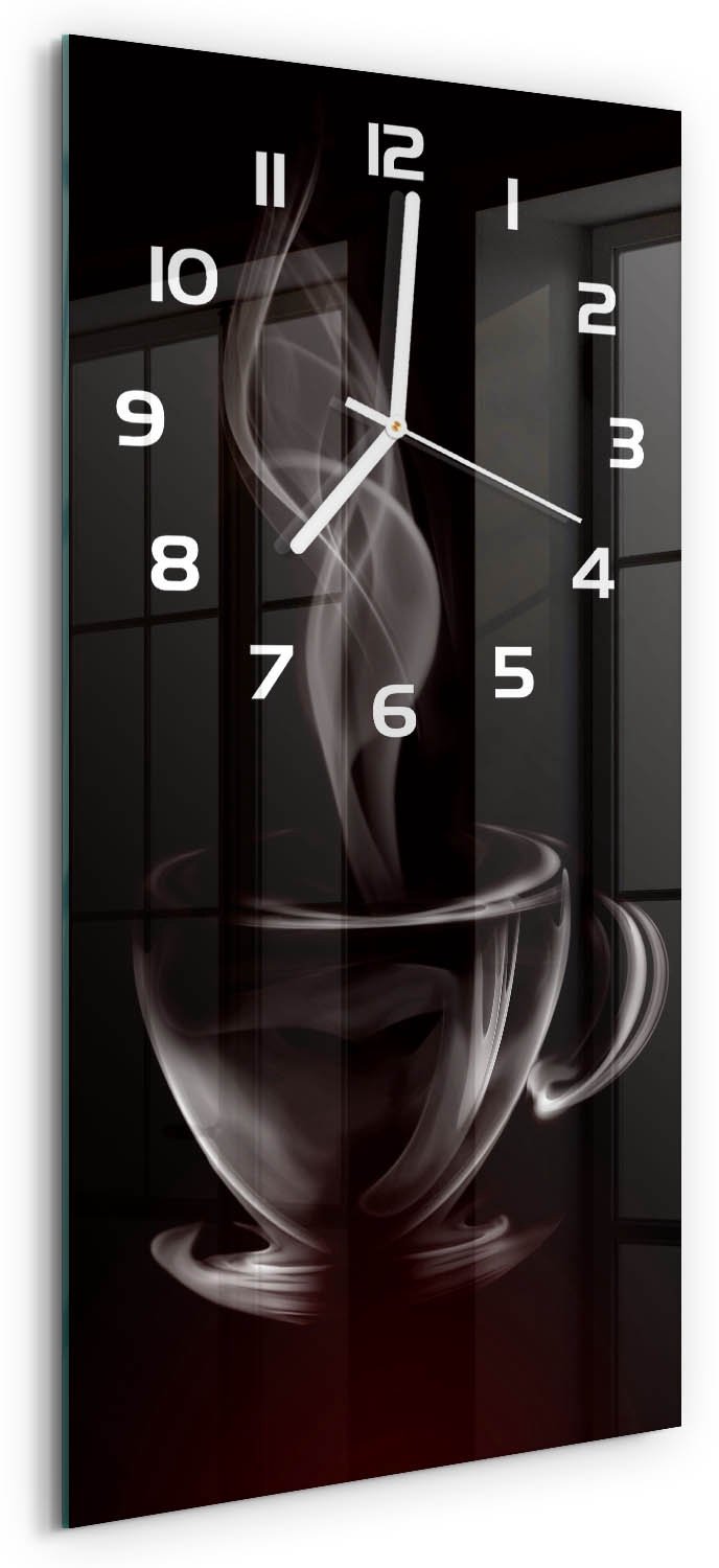 Tulup Wandklok - Aromatische koffie Glazen Klok Met Print - 30x60 cm - Bruin Wandklok Glas Met Motief - Witte handen - Rechthoekige Klok - Wandklok Glas Decoratie - Gekleurde Glazen Klok