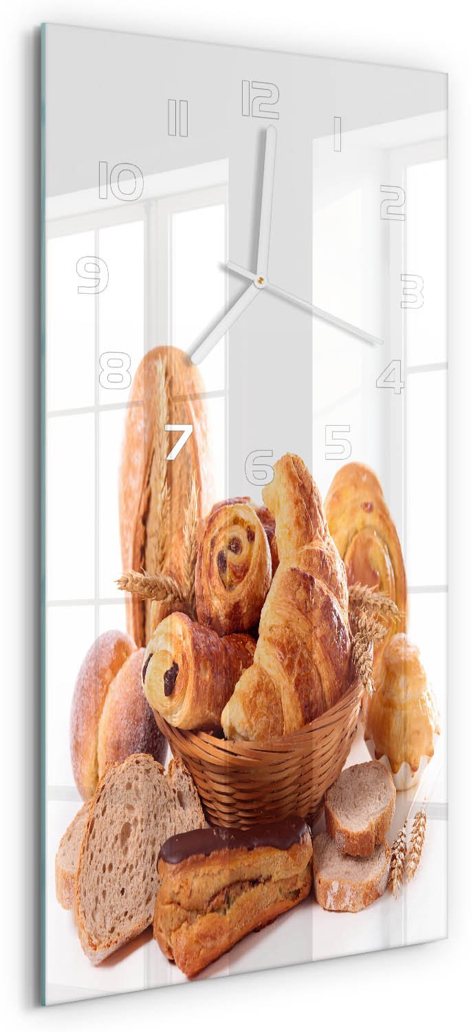 Tulup Wandklok - Brood in de mand Wandklok Glas Decoratie - 30x60 cm - Bruin Gekleurde Glazen Klok - Witte handen - Rechthoekige Klok - Klok Glas Met Opdruk - Moderne Wandklok Glas
