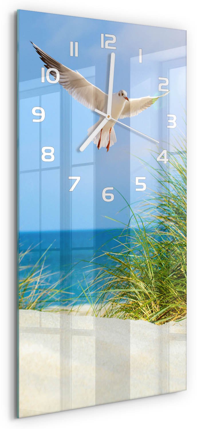 Tulup Wandklok - Meeuw boven de duinen Decoratieve Glazen Klok - 30x60 cm - Blauw Glazen Wandklok Design - Witte handen - Rechthoekige Klok - Glazen Klok Met Print - Wandklok Glas Met Motief