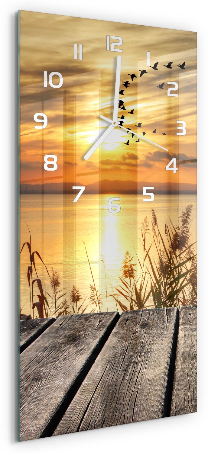 Tulup Wandklok - Zonsondergang Decoratieve Glazen Klok - 30x60 cm - Oranje Glazen Wandklok Design - Witte handen - Rechthoekige Klok - Glazen Klok Met Print - Wandklok Glas Met Motief