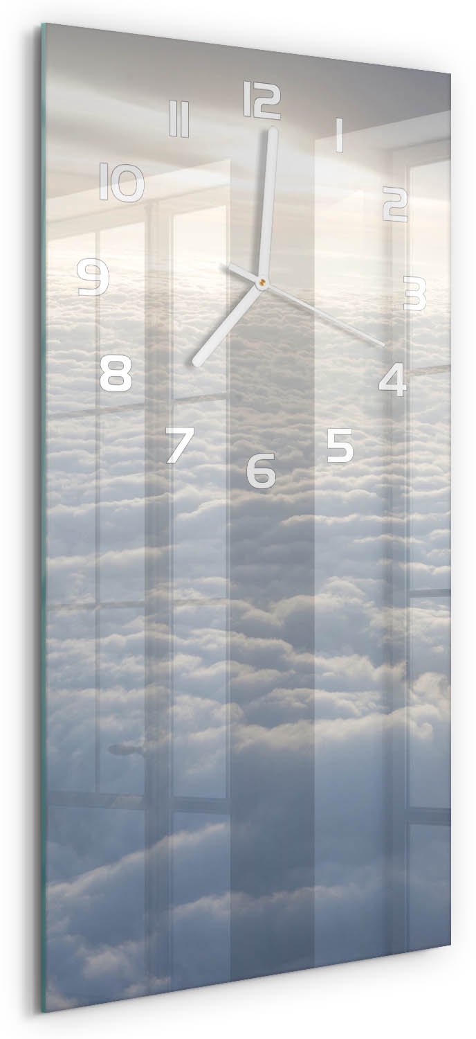 Tulup Wandklok - Vliegen boven de wolken Decoratieve Glazen Klok - 30x60 cm - Wit Glazen Wandklok Design - Witte handen - Rechthoekige Klok - Glazen Klok Met Print - Wandklok Glas Met Motief