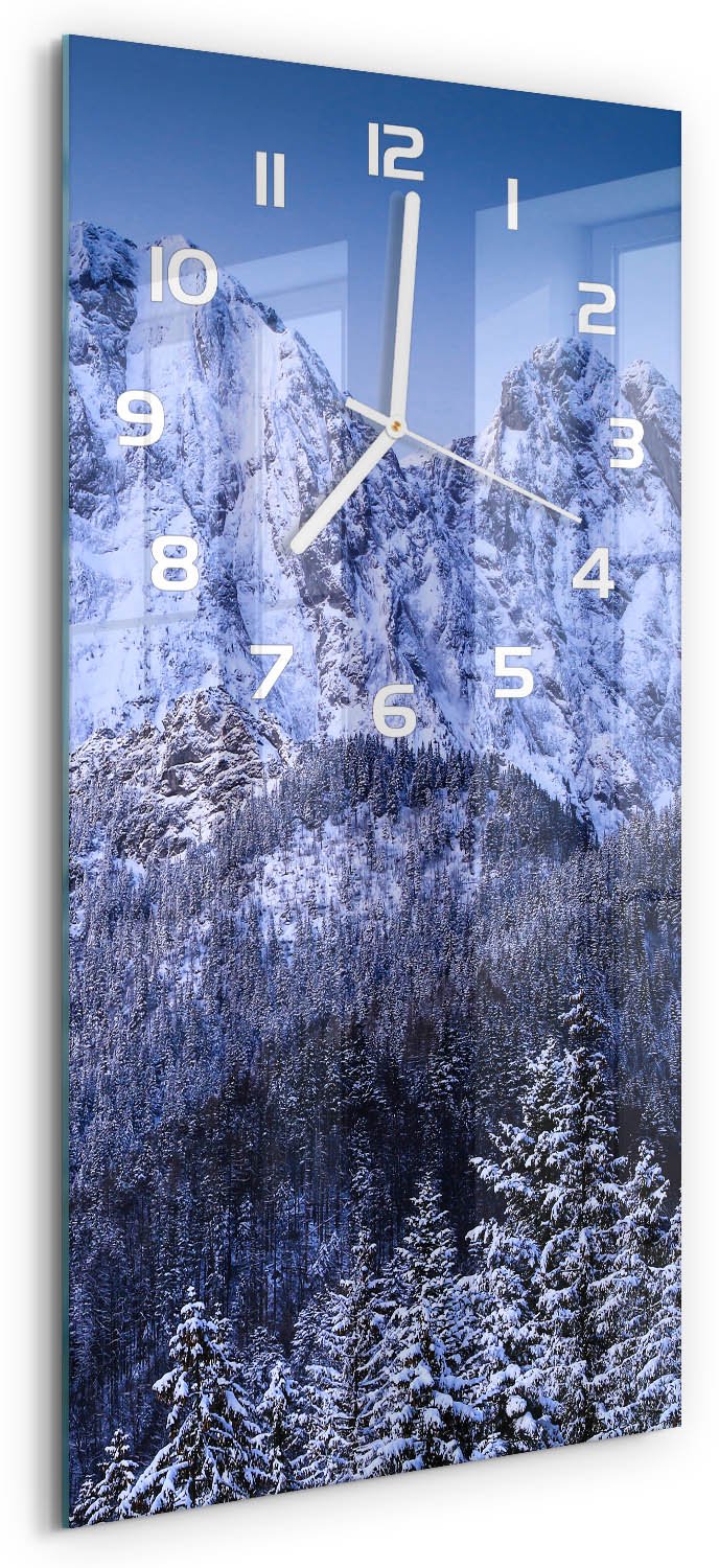 Tulup Wandklok - Giewont Tatra-gebergte Glazen Wandklok Design - 30x60 cm - Blauw Klok Glas Met Opdruk - Witte handen - Rechthoekige Klok - Wandklok Glas Met Motief - Decoratieve Glazen Klok