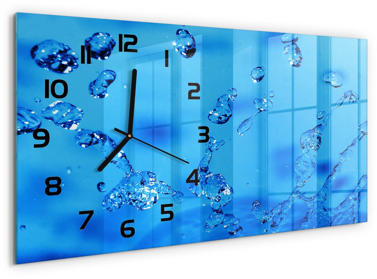 TULUP Wandklok - Waterdruppels Moderne Wandklok Glas - 60x30 cm - Blauw Wandklok Glas Decoratie - Zwarte handen - Rechthoekige Klok - Glazen Wandklok Design - Klok Glas Met Opdruk