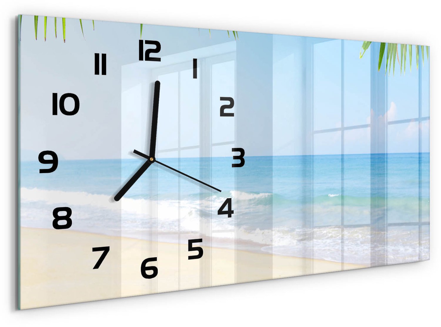 TULUP Wandklok - Tropisch strand Glazen Wandklok Design - 60x30 cm - Groente Klok Glas Met Opdruk - Zwarte handen - Rechthoekige Klok - Wandklok Glas Met Motief - Decoratieve Glazen Klok