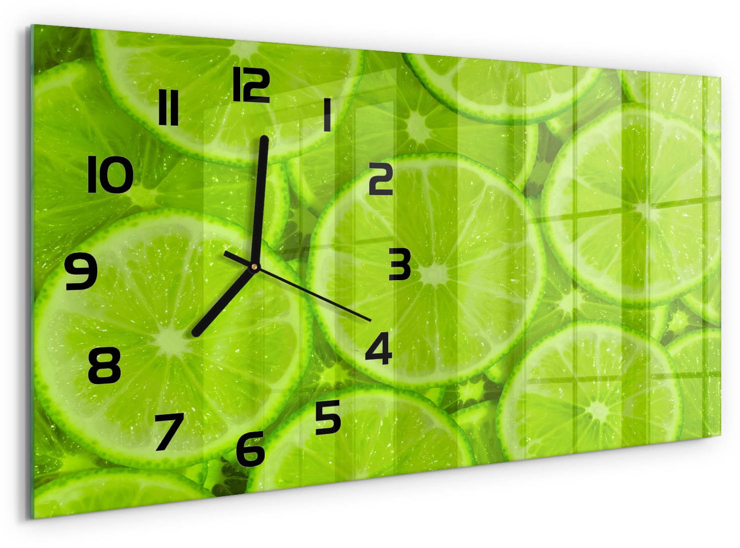 TULUP Wandklok - Limoenen Wandklok Glas Met Motief - 60x30 cm - Groente Decoratieve Glazen Klok - Zwarte handen - Rechthoekige Klok - Gekleurde Glazen Klok - Glazen Klok Met Print