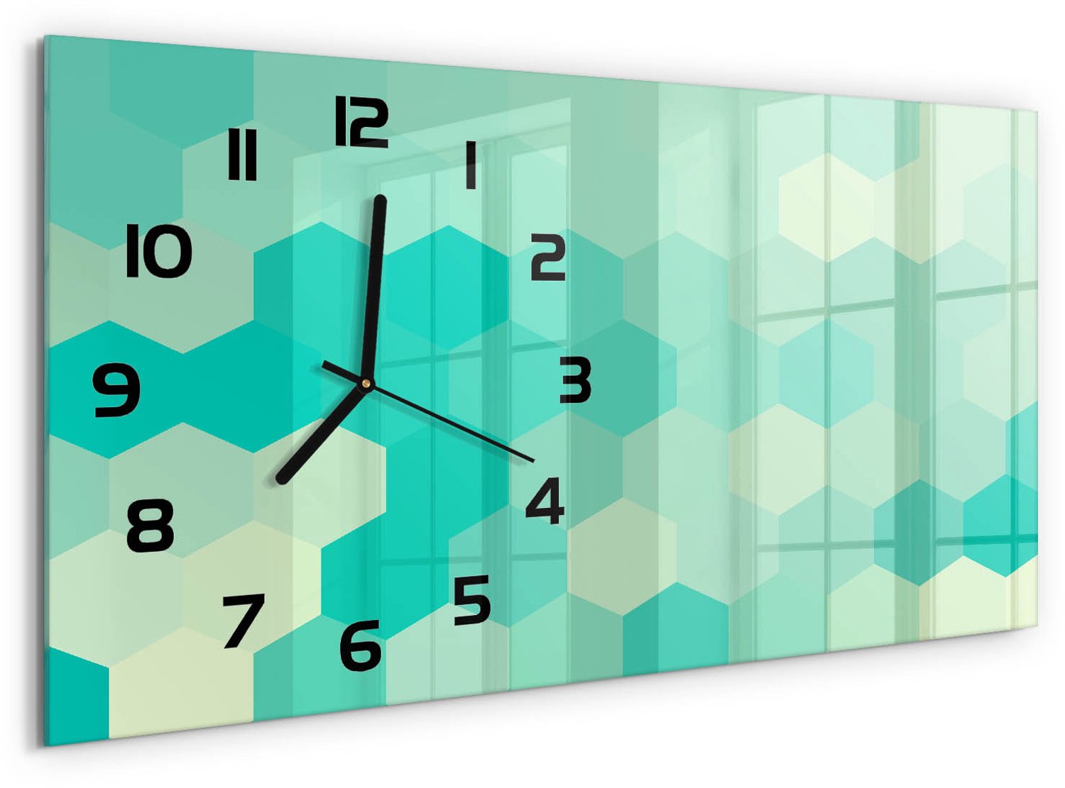 TULUP Wandklok - Geometrische achtergrond Gekleurde Glazen Klok - 60x30 cm - Groente Glazen Klok Met Print - Zwarte handen - Rechthoekige Klok - Moderne Wandklok Glas - Wandklok Glas Decoratie